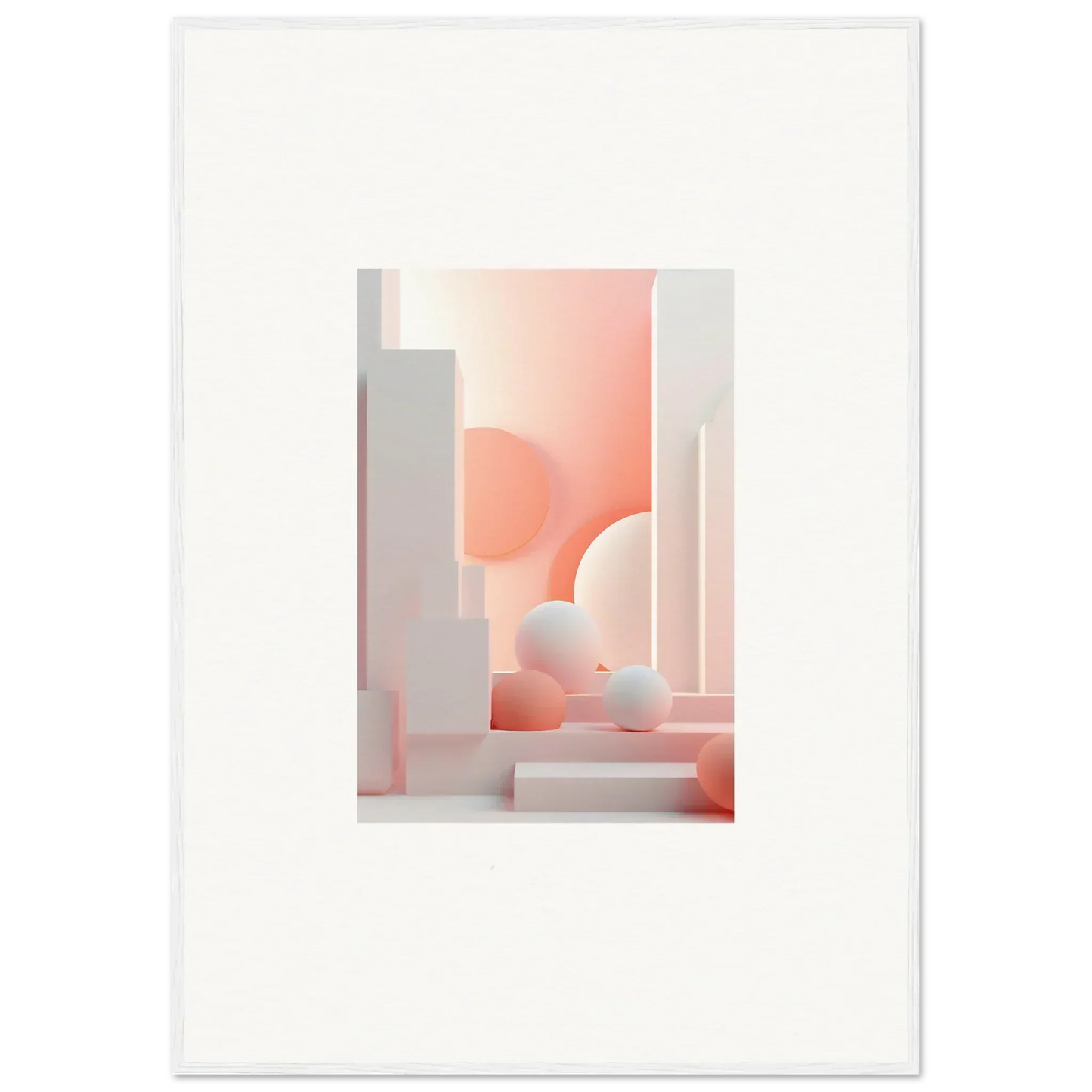 Abstract architectural composition featuring soft pink and white geometric shapes and forms.