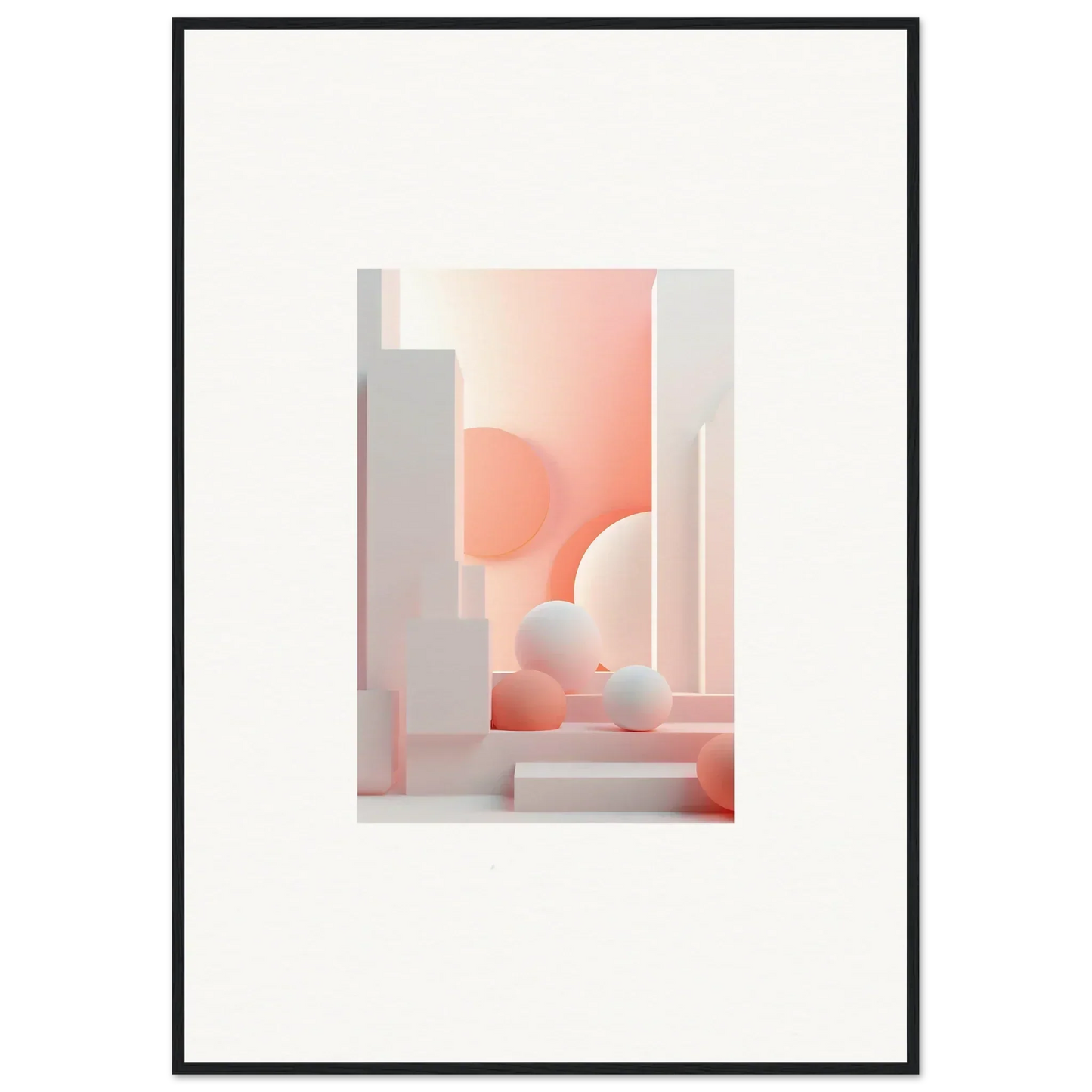 Abstract geometric composition featuring soft pink and white shapes and forms.