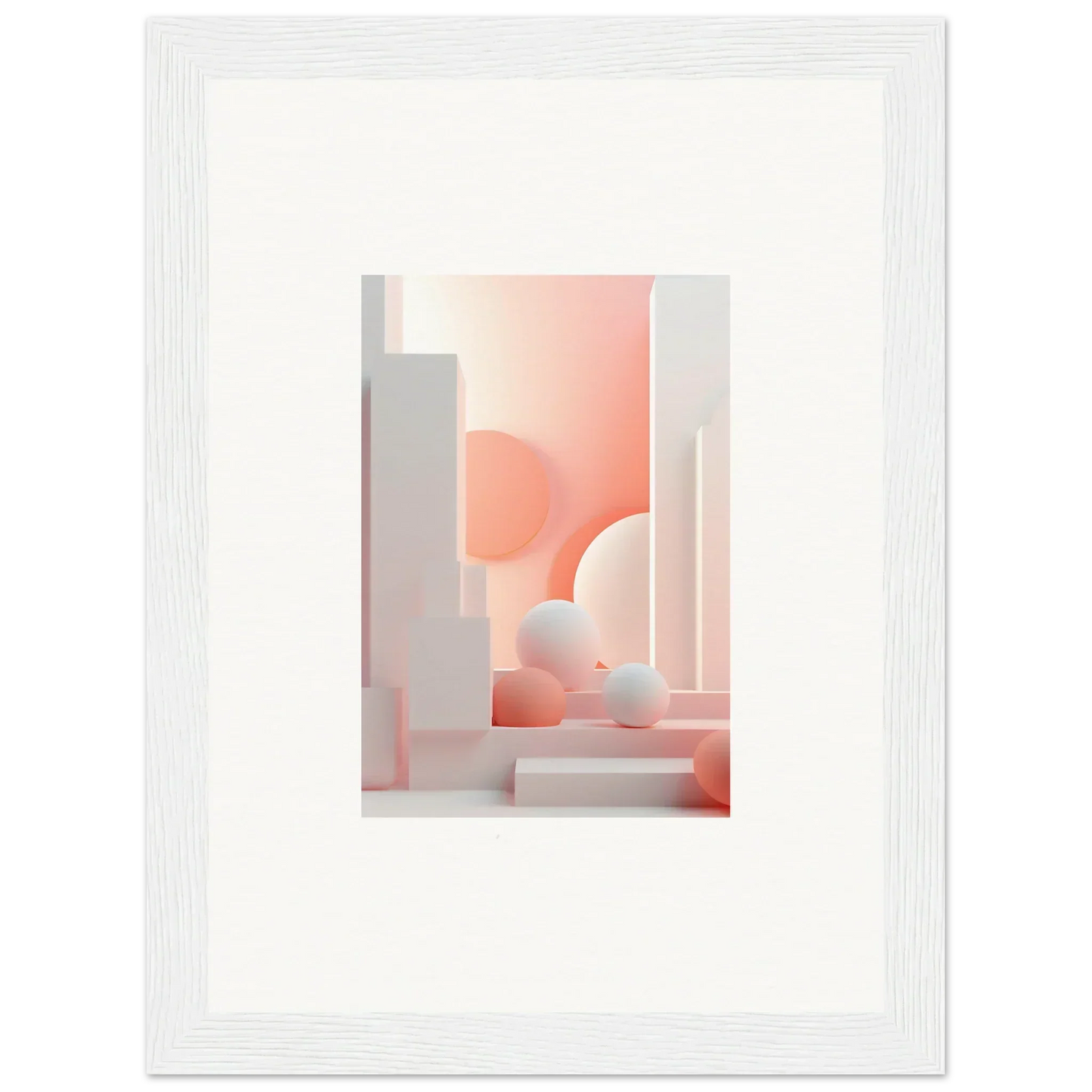 Abstract architectural composition with soft pink and white geometric shapes.