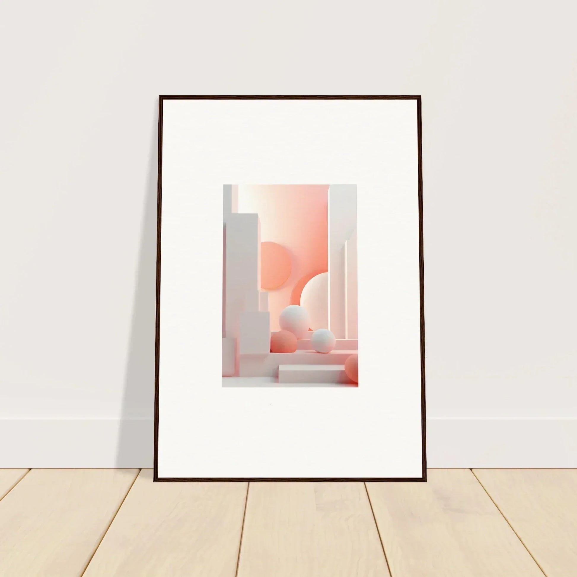 Framed abstract artwork featuring soft pink geometric shapes and architectural elements.