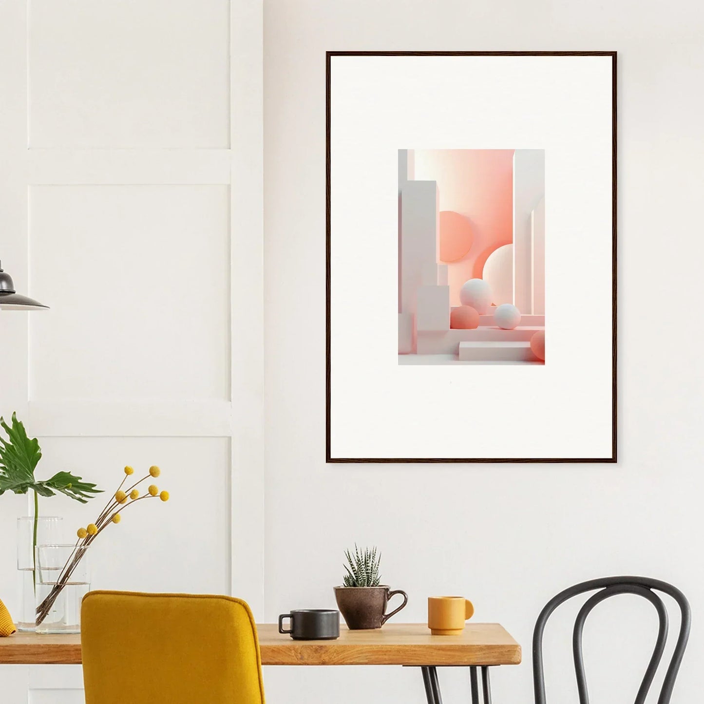 Framed abstract artwork featuring geometric shapes in soft pastel colors.
