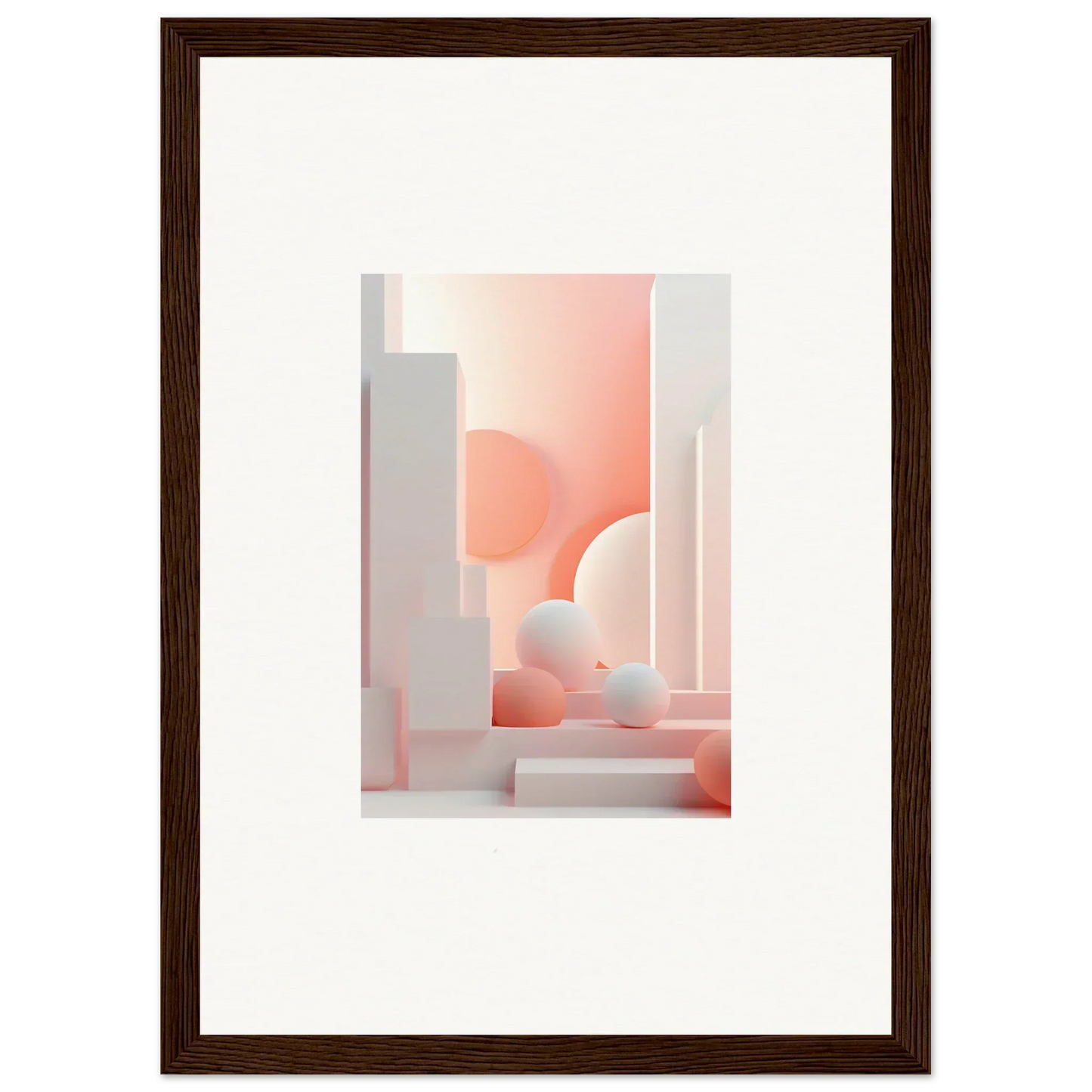 Abstract architectural composition featuring soft pink and white geometric shapes and curved forms.