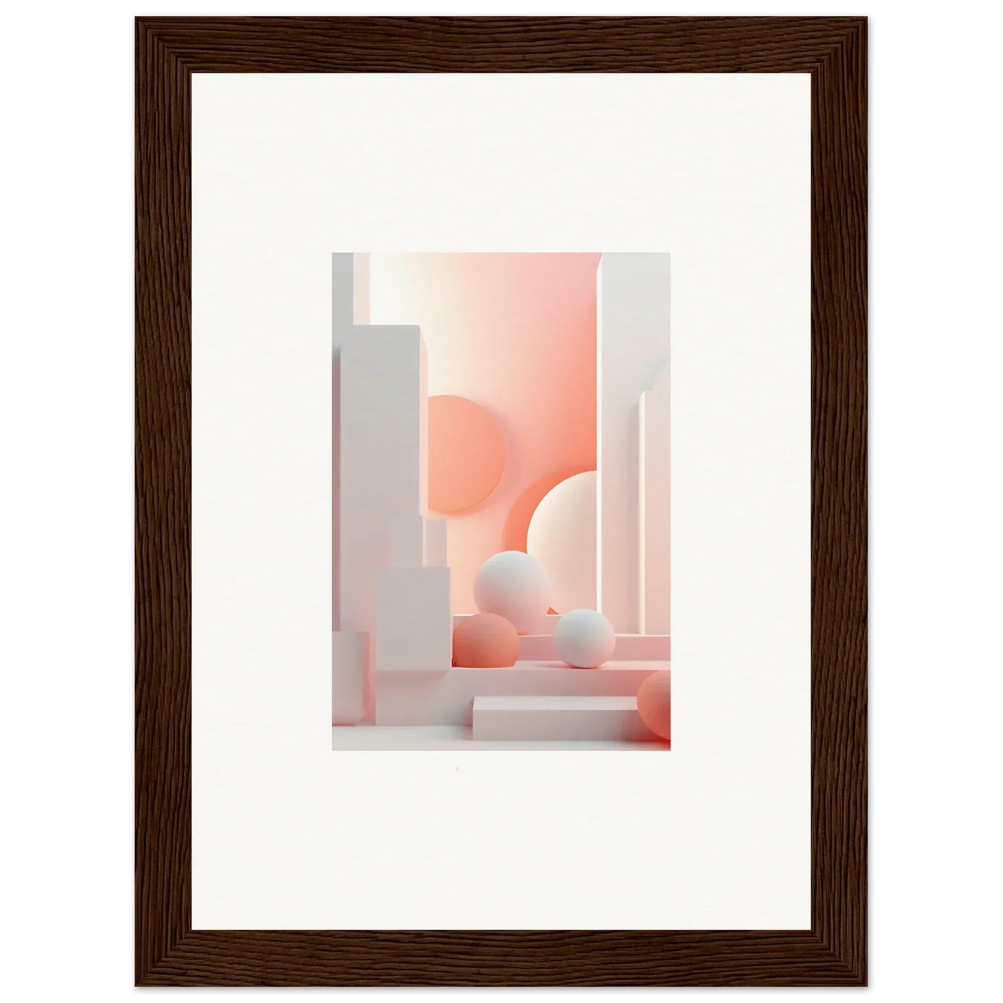 Framed abstract artwork featuring soft pink geometric shapes and forms.