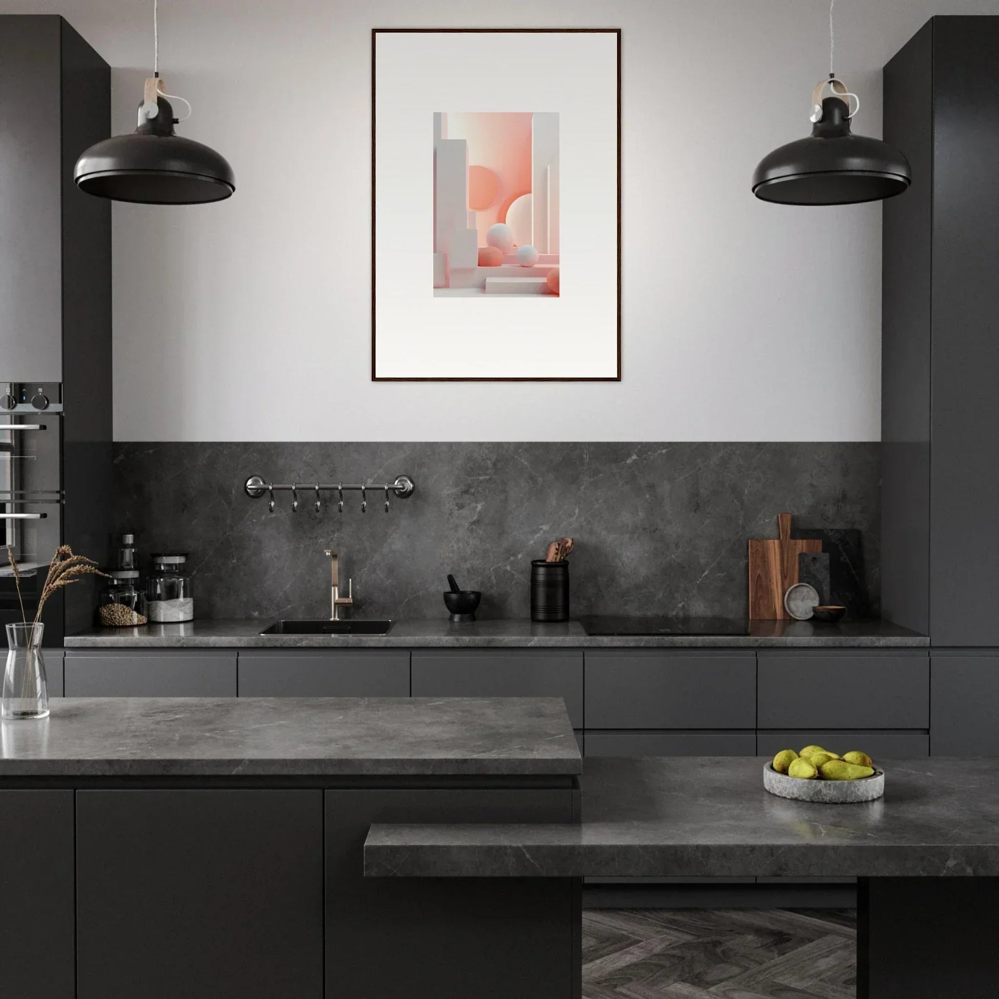 Modern kitchen with dark cabinetry and a minimalist aesthetic.