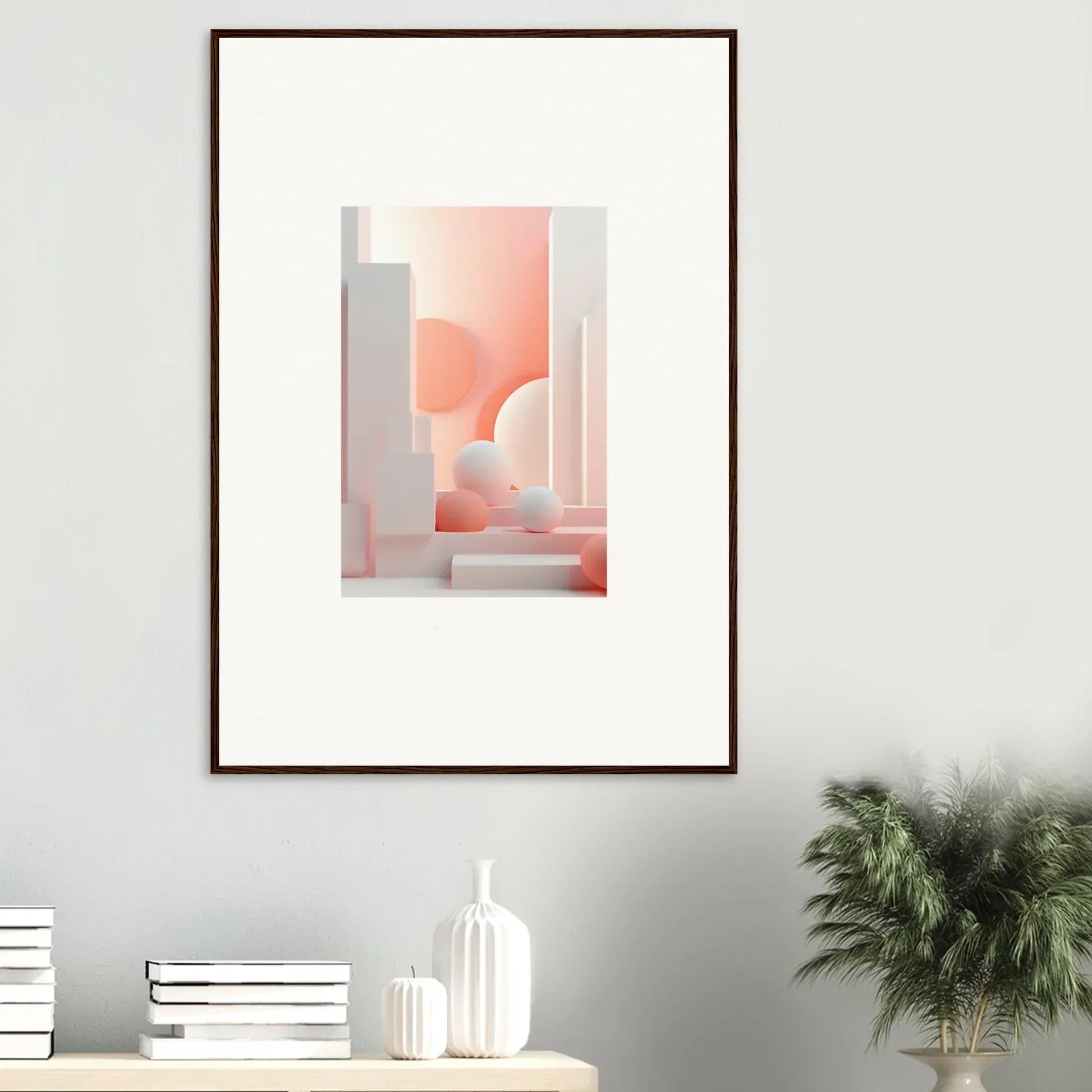 Framed abstract artwork featuring soft pink and white geometric shapes.