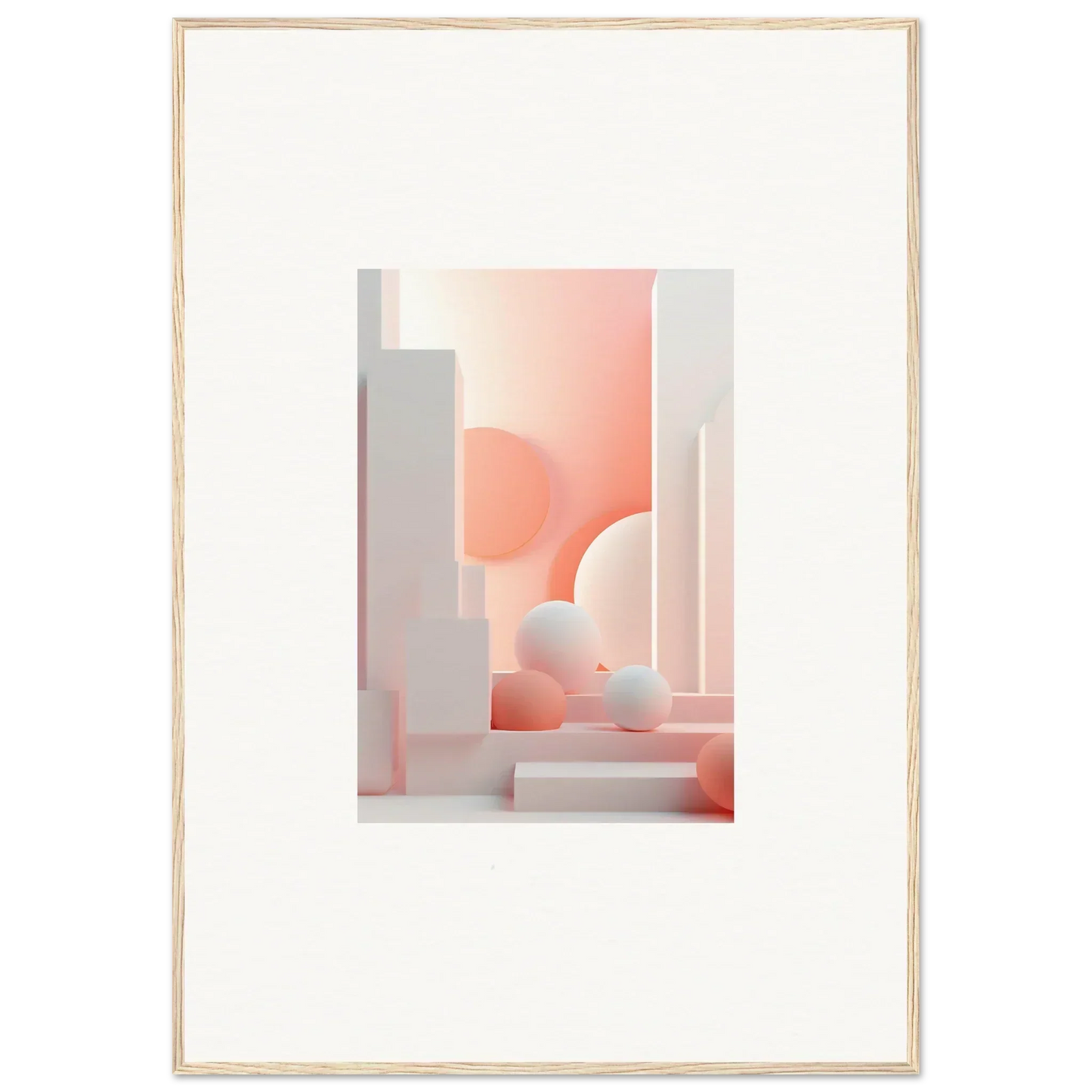 Abstract architectural composition featuring soft pink and white geometric shapes.