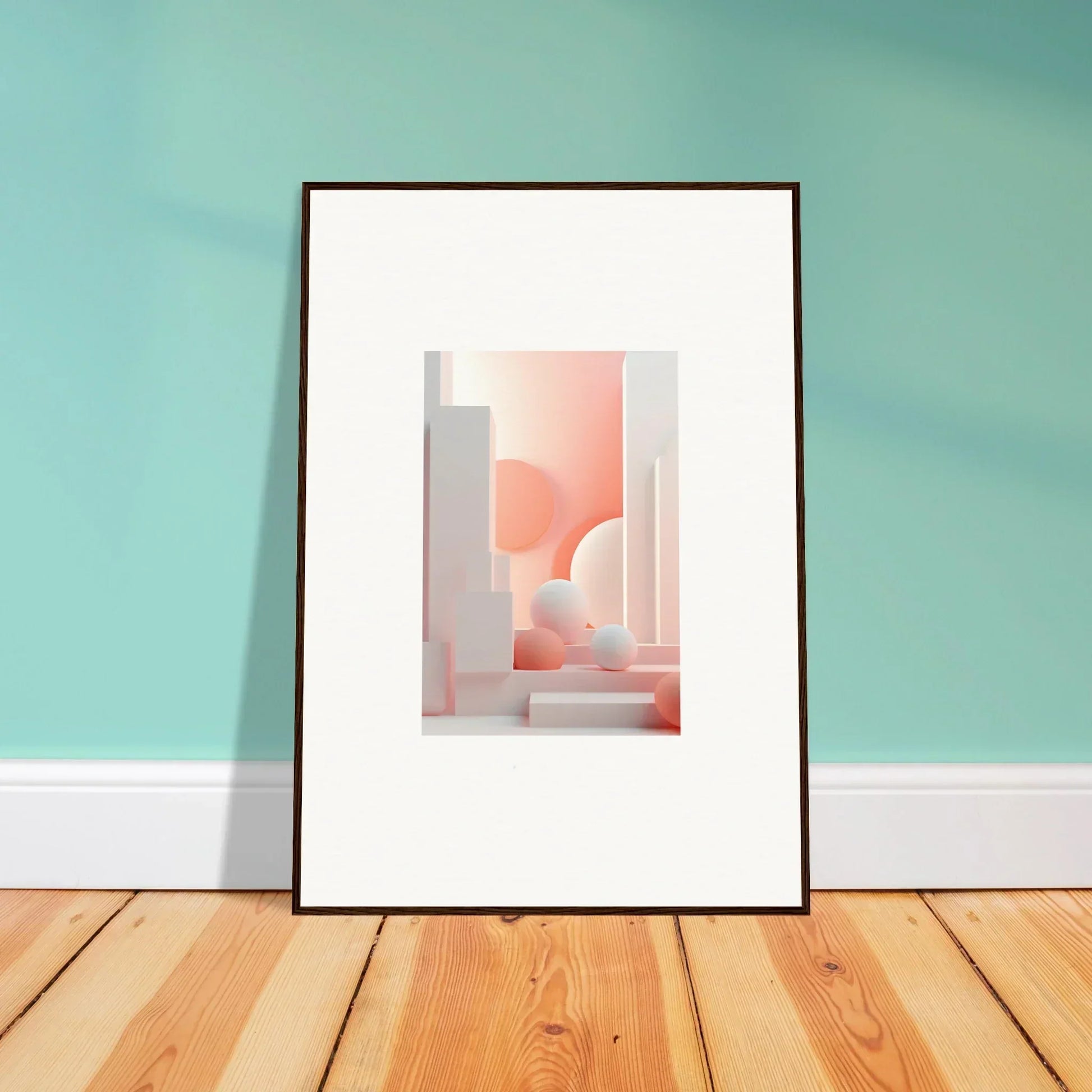 Framed abstract artwork featuring soft pink geometric shapes and arches.