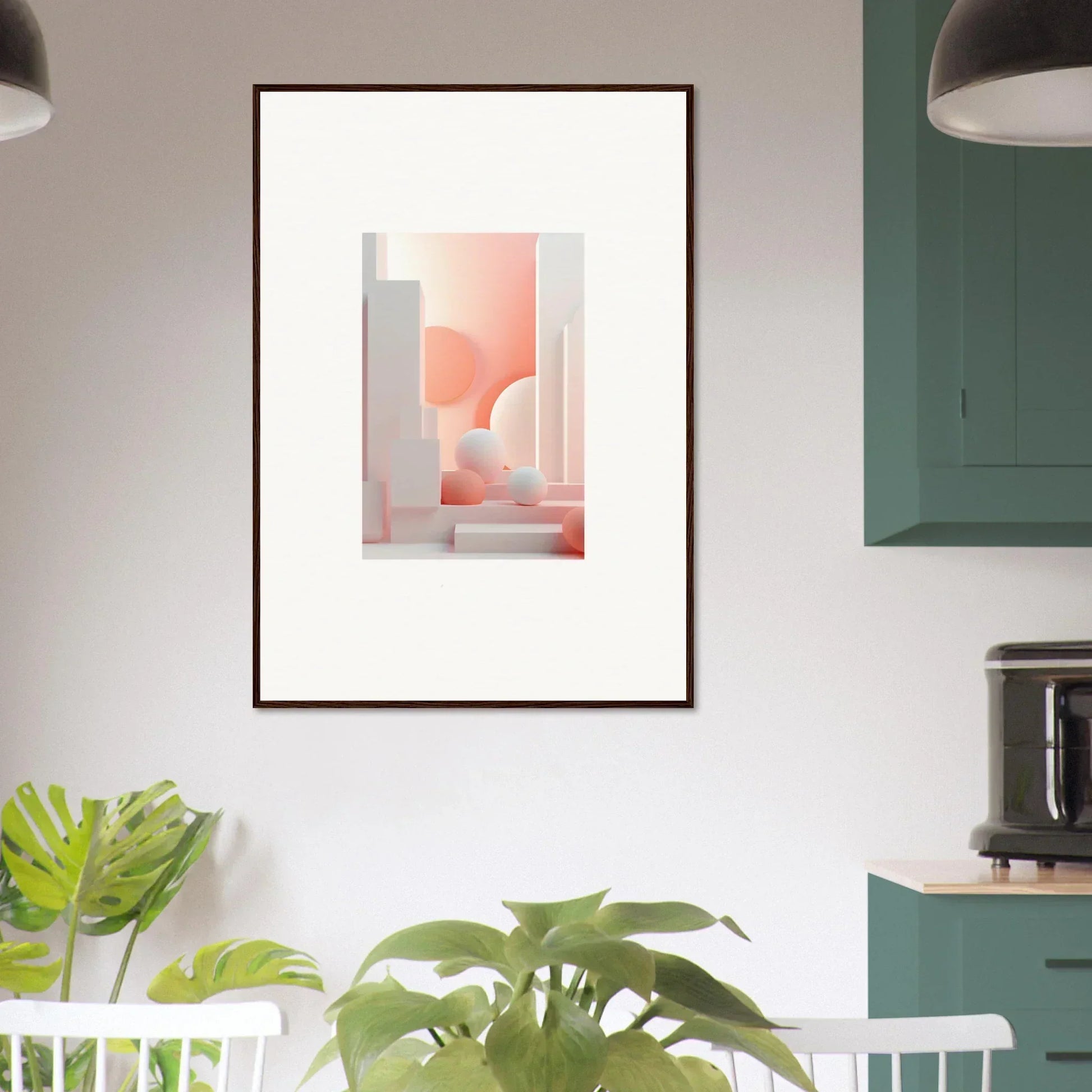 Framed abstract artwork featuring soft pink and white geometric shapes.