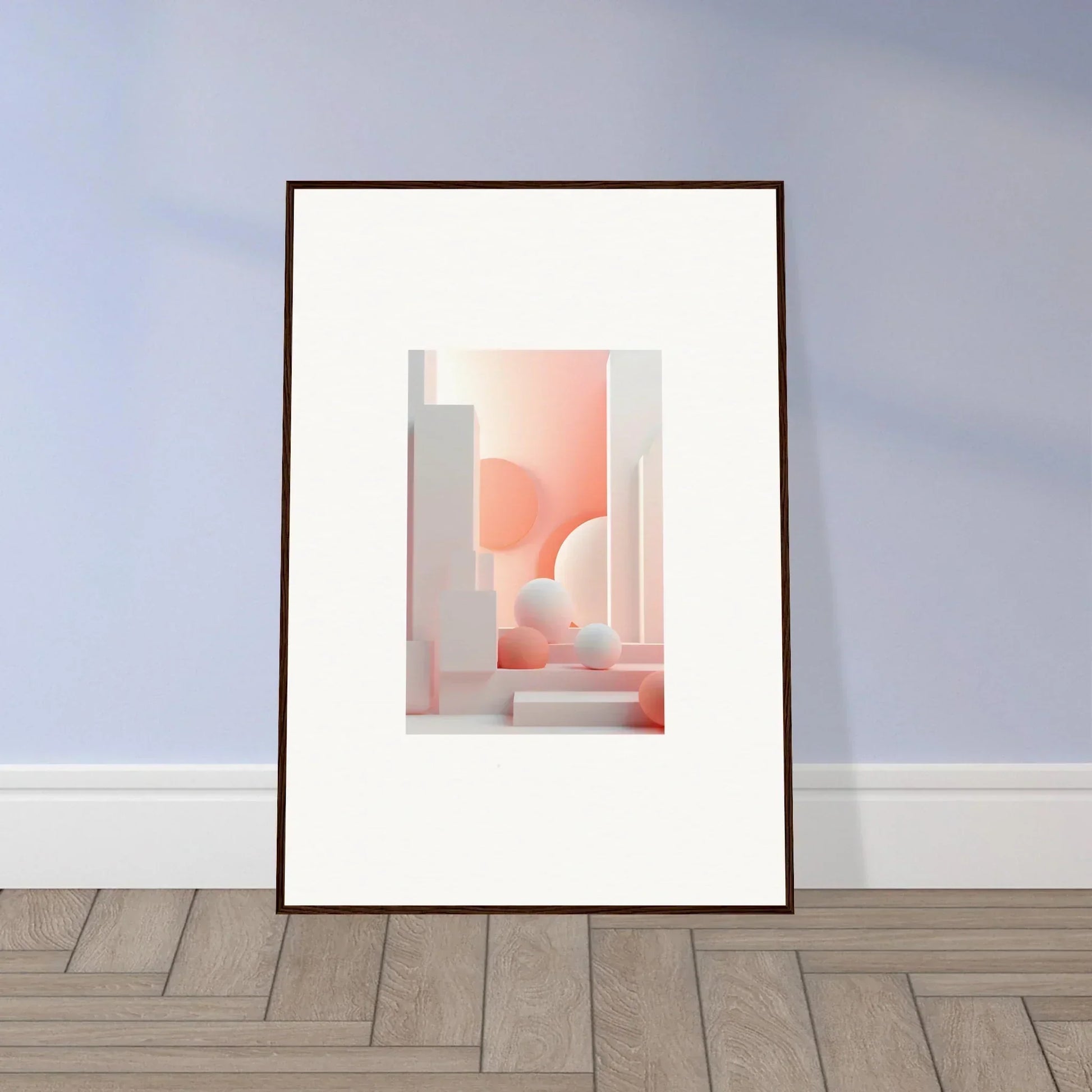 Framed abstract architectural print featuring soft pink and white geometric shapes.