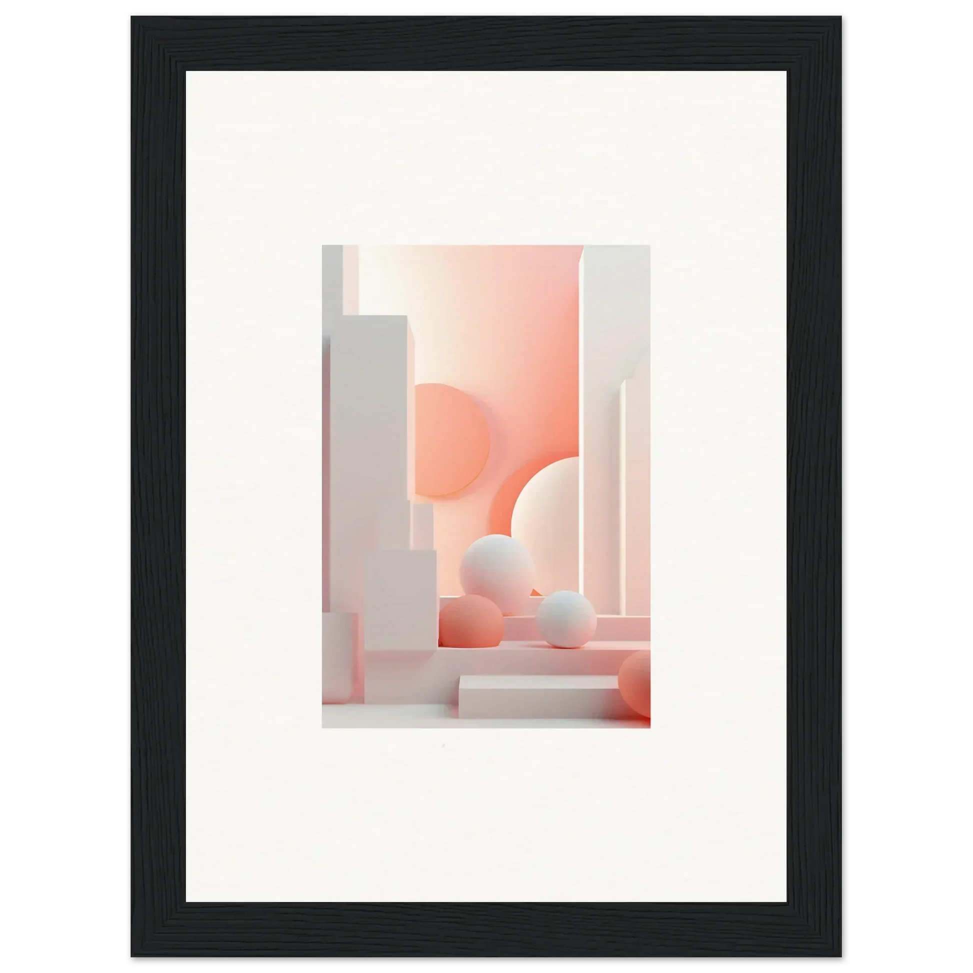 Abstract architectural composition featuring soft pink and white geometric shapes.