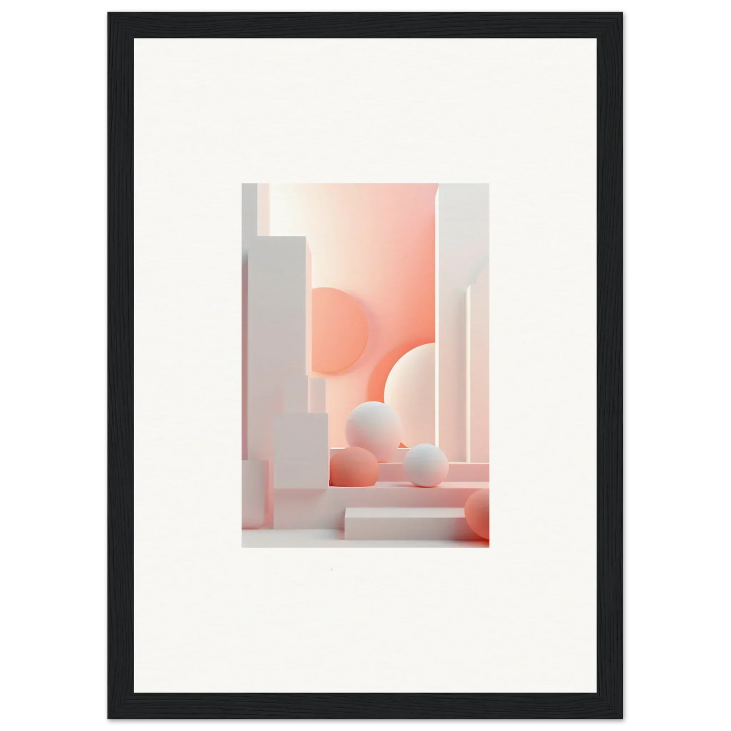 Abstract architectural composition featuring soft pink and white geometric shapes and forms.