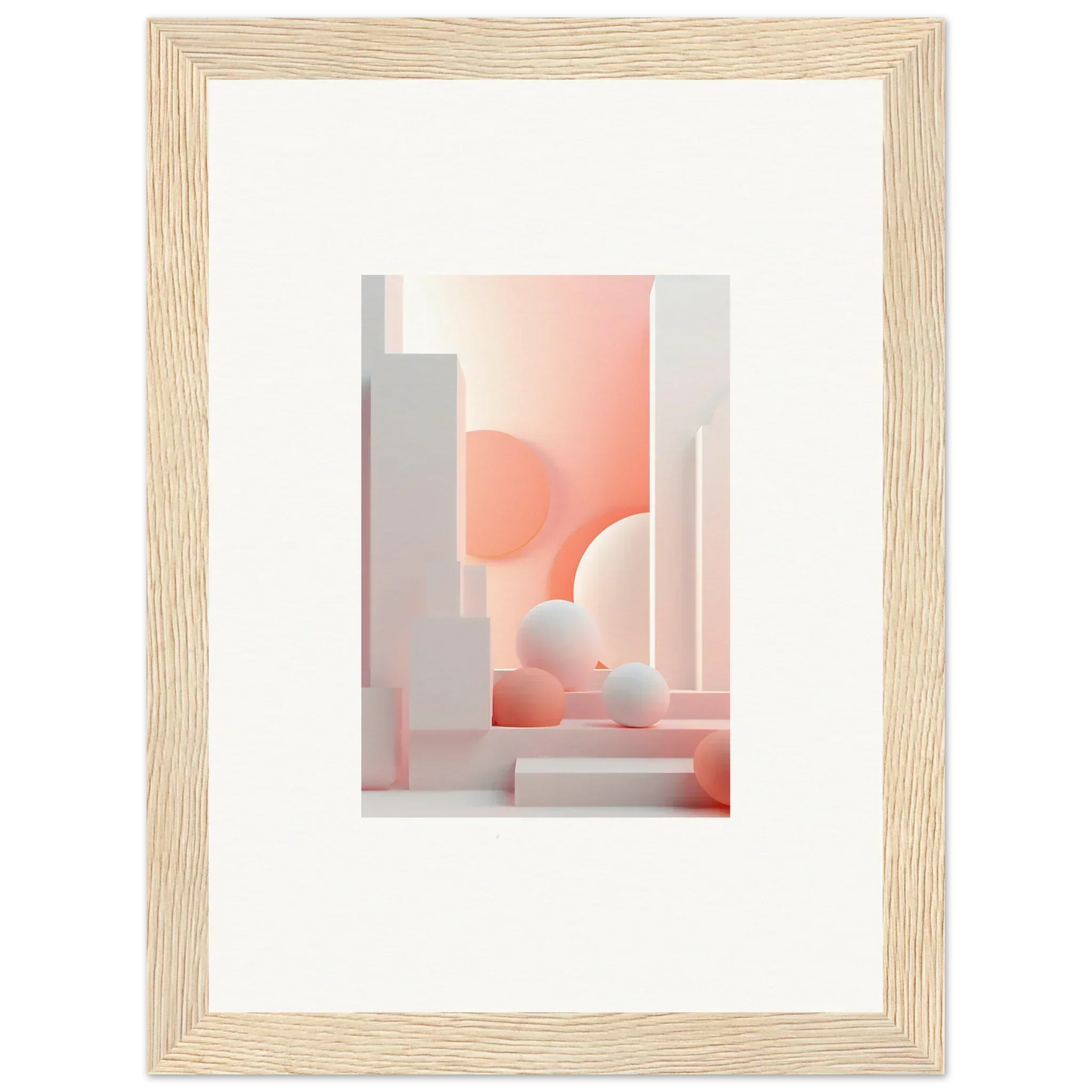 Framed abstract architectural artwork featuring soft pink and white geometric shapes.
