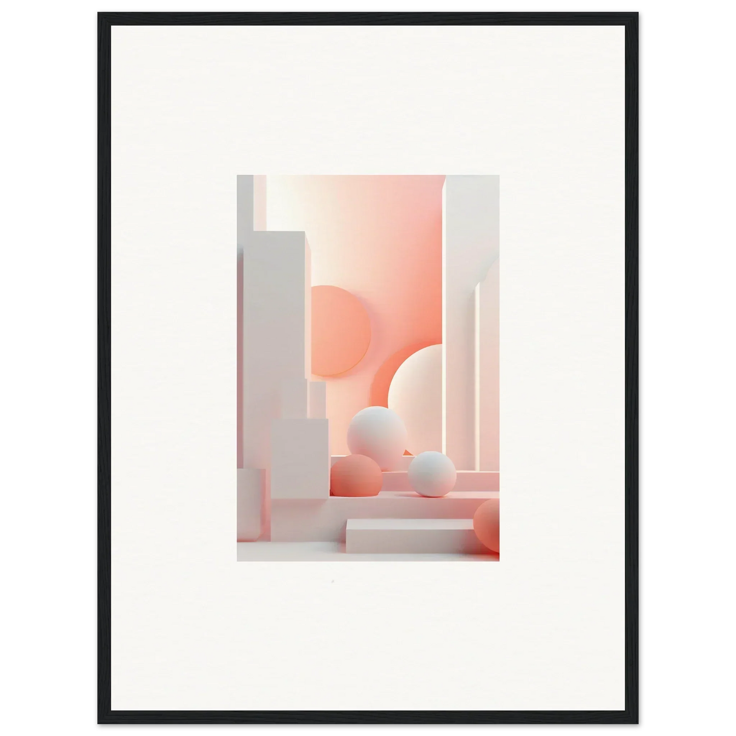 Abstract architectural artwork featuring soft pink and white geometric shapes.
