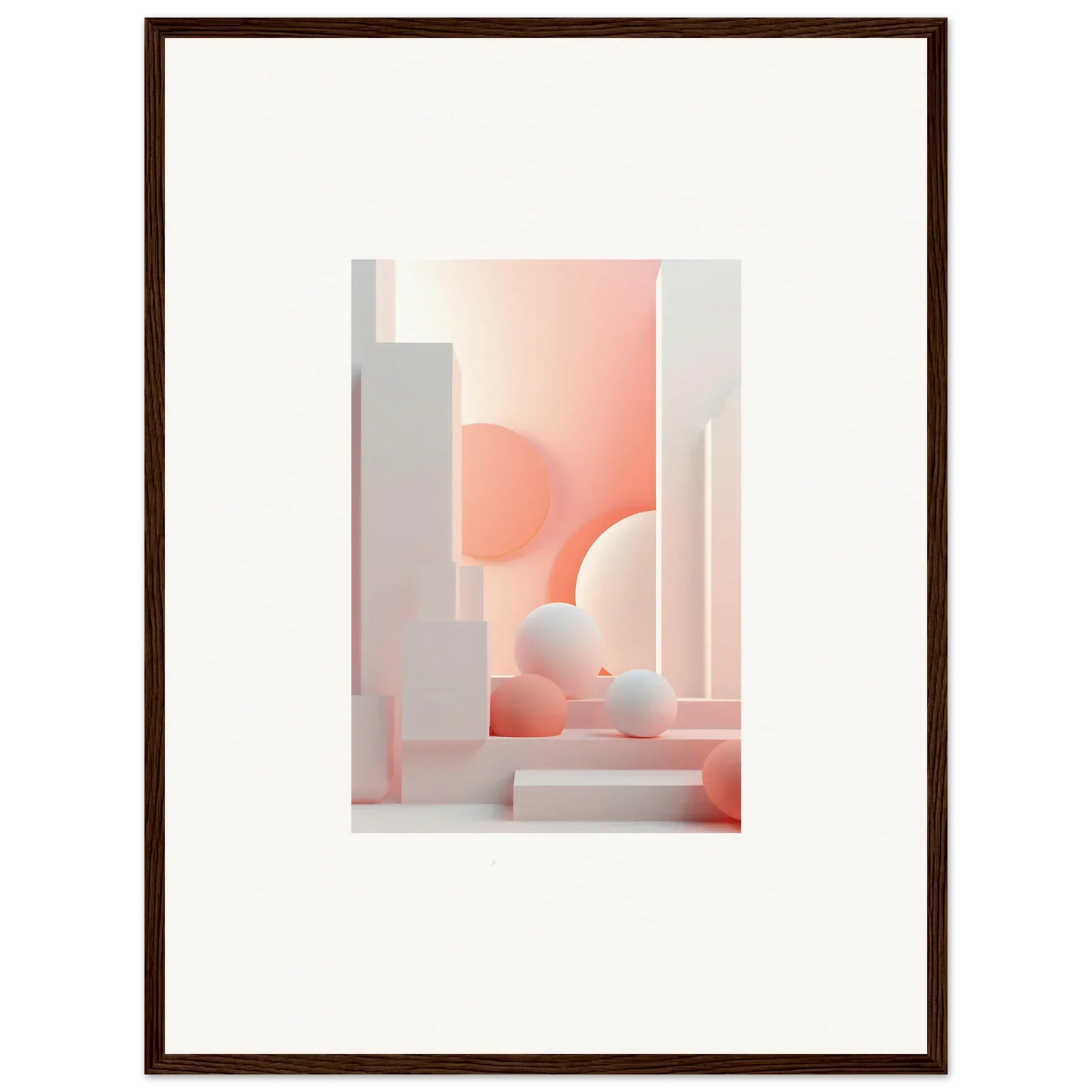 Abstract architectural composition featuring soft pink and white geometric shapes.