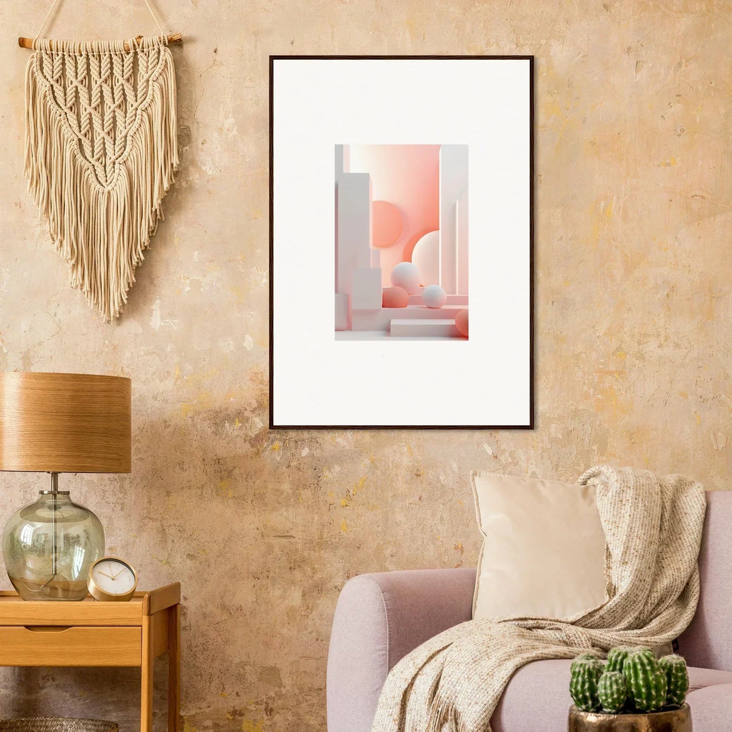 Framed abstract artwork featuring geometric shapes and soft pink tones.