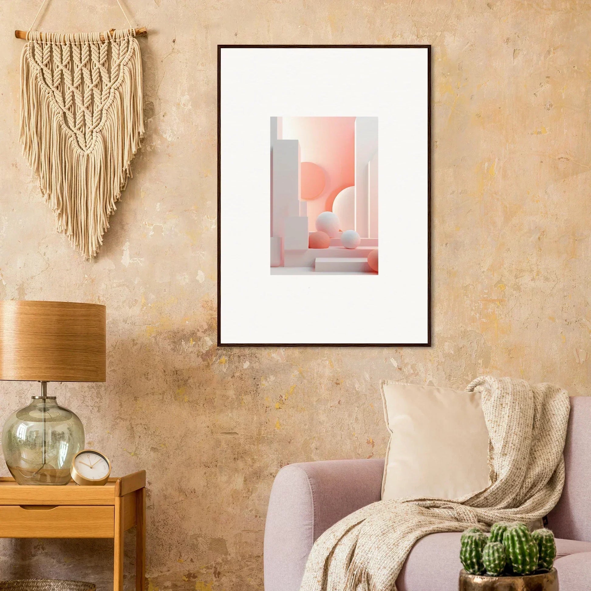 Framed abstract artwork featuring geometric shapes and soft pink tones.