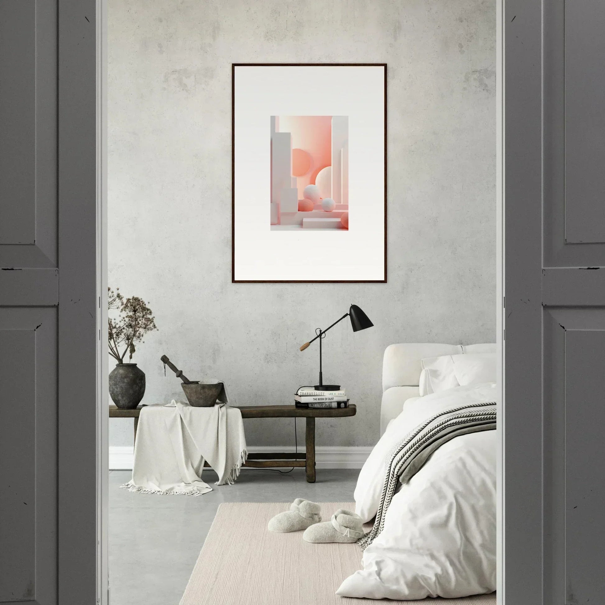 Minimalist bedroom with a framed abstract artwork as the focal point.