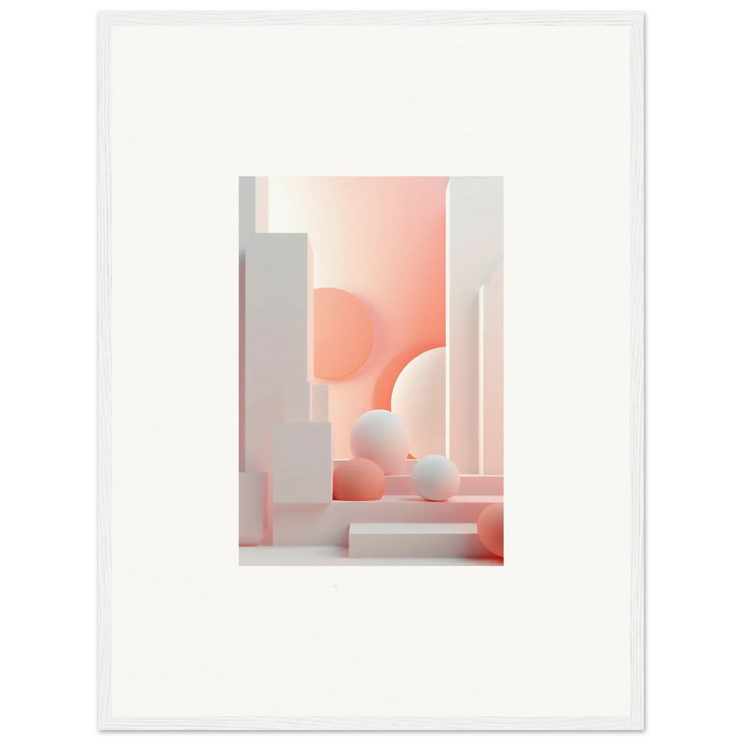 Abstract architectural composition with soft pink and white geometric shapes.