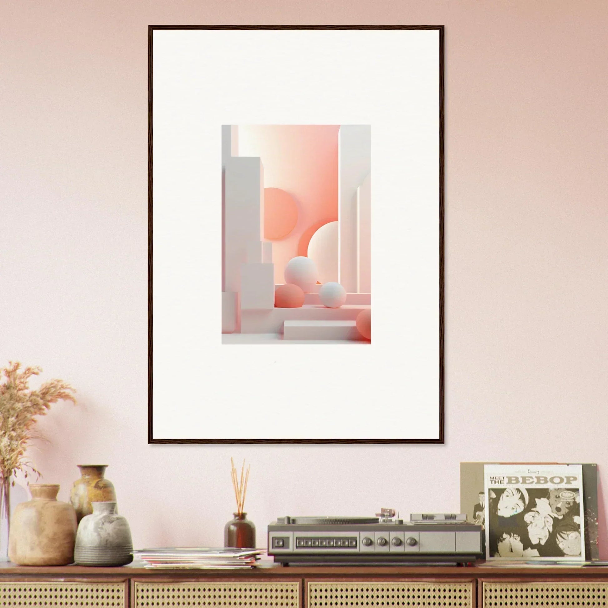 Framed abstract artwork featuring geometric shapes and soft pastel colors.