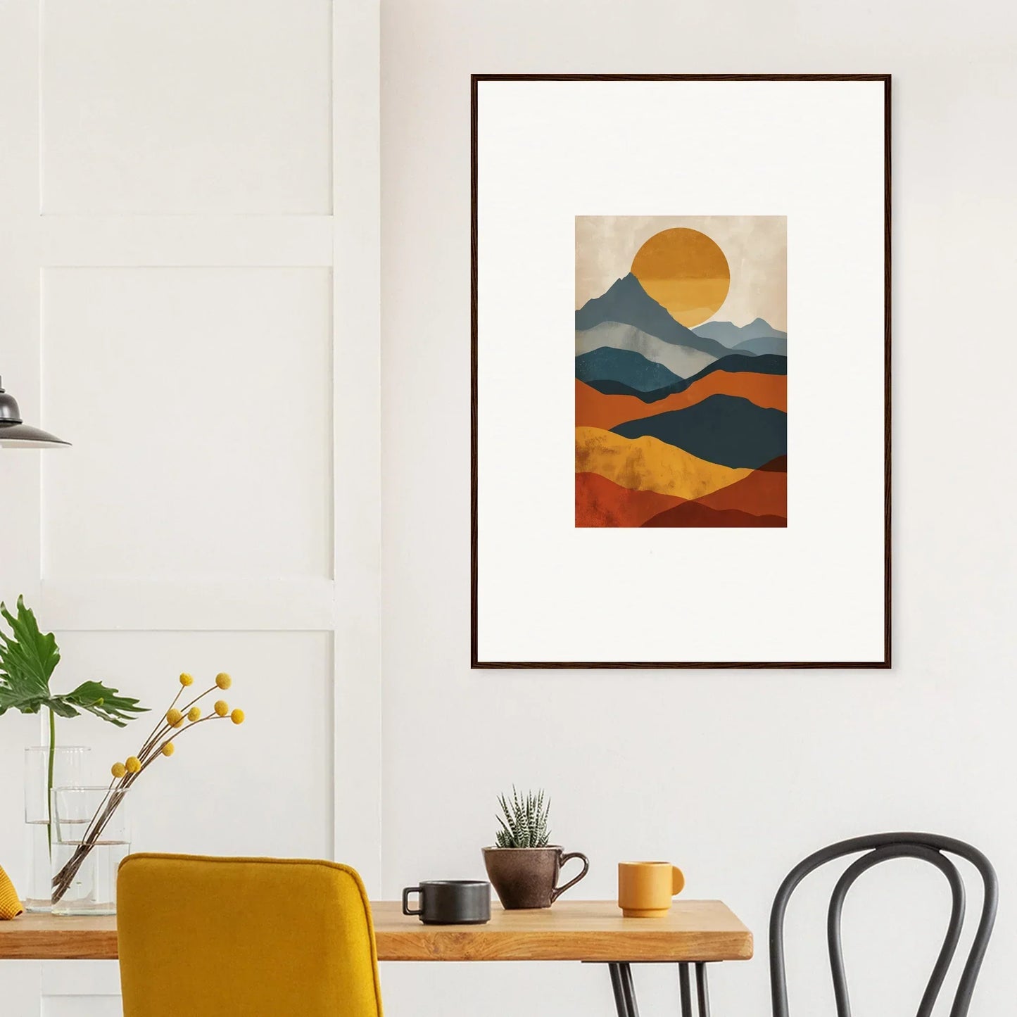 Framed abstract landscape canvas print of stylized mountains for room decoration