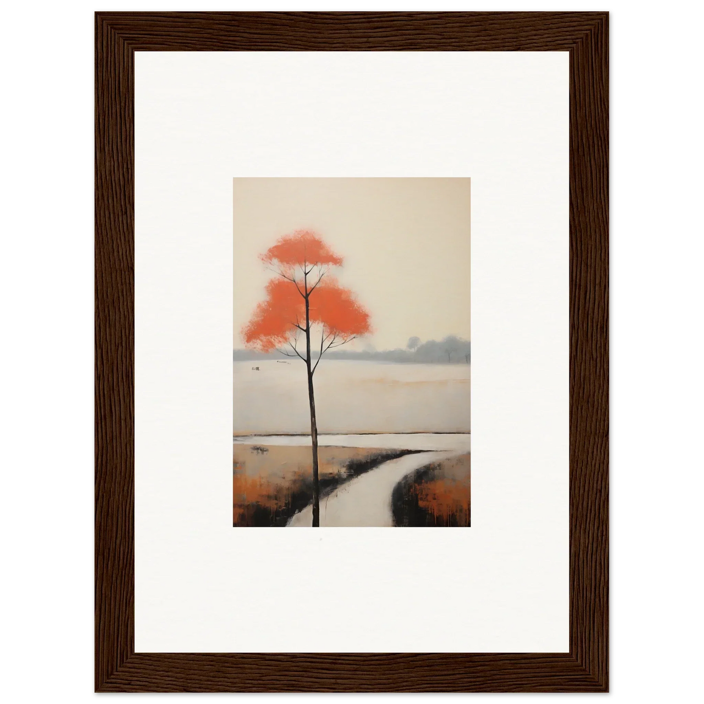 Framed watercolor of a lone tree in autumn by a stream in Solitary Abyss Whispers