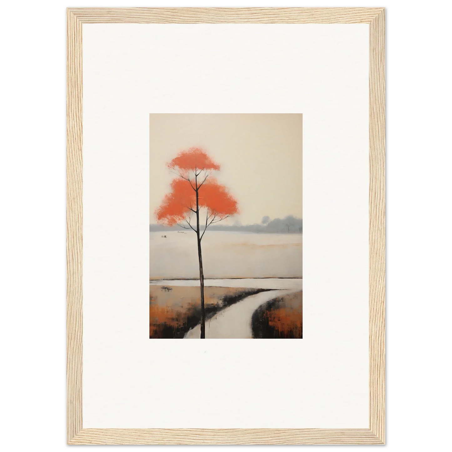 Framed watercolor of a lone tree with autumn leaves by a stream, inspired by Solitary Abyss Whispers