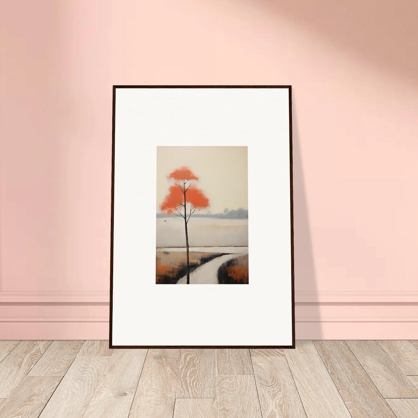 Framed artwork of solitary tree with orange-red leaves in mist for Solitary Abyss Whispers