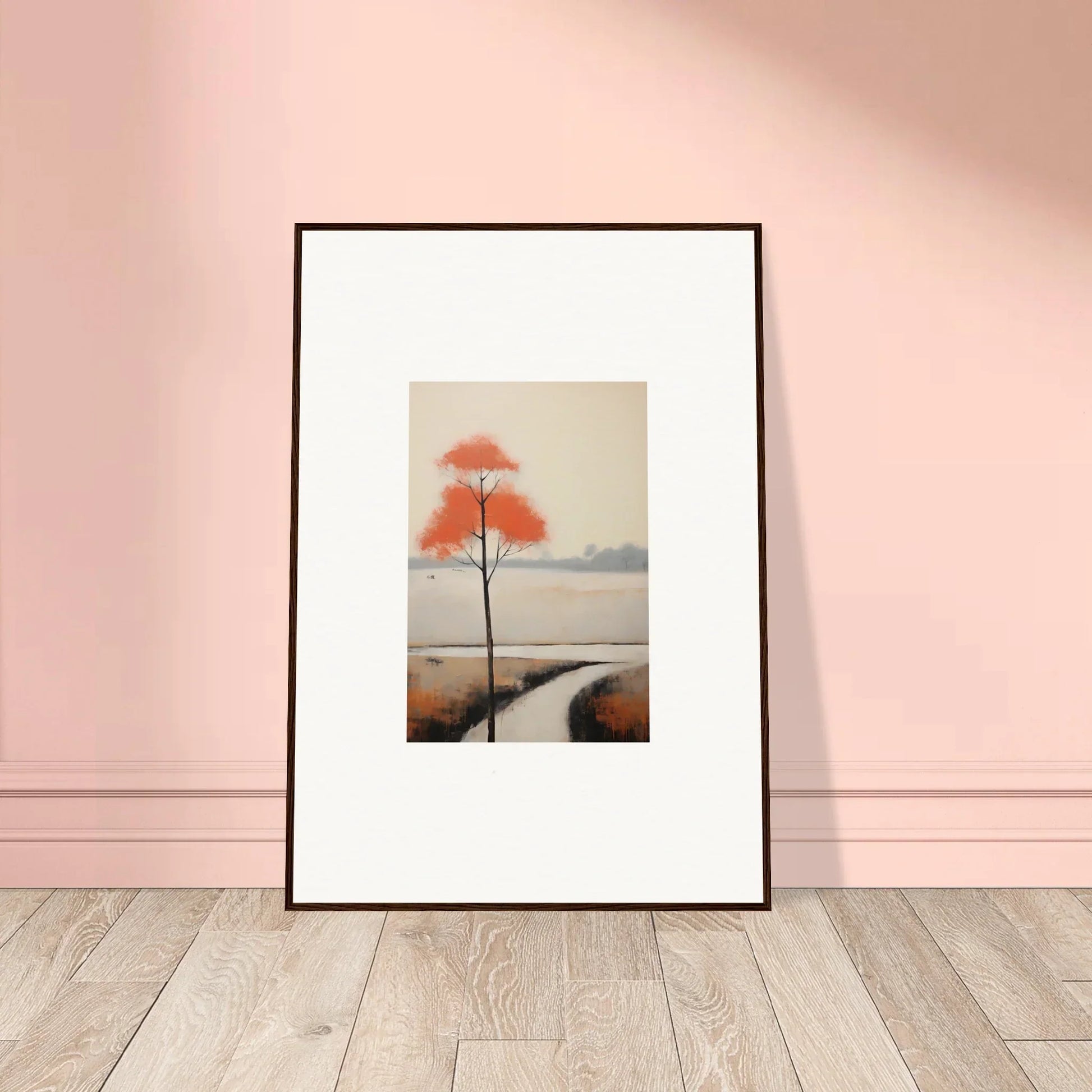 Framed artwork of solitary tree with orange-red leaves in mist for Solitary Abyss Whispers