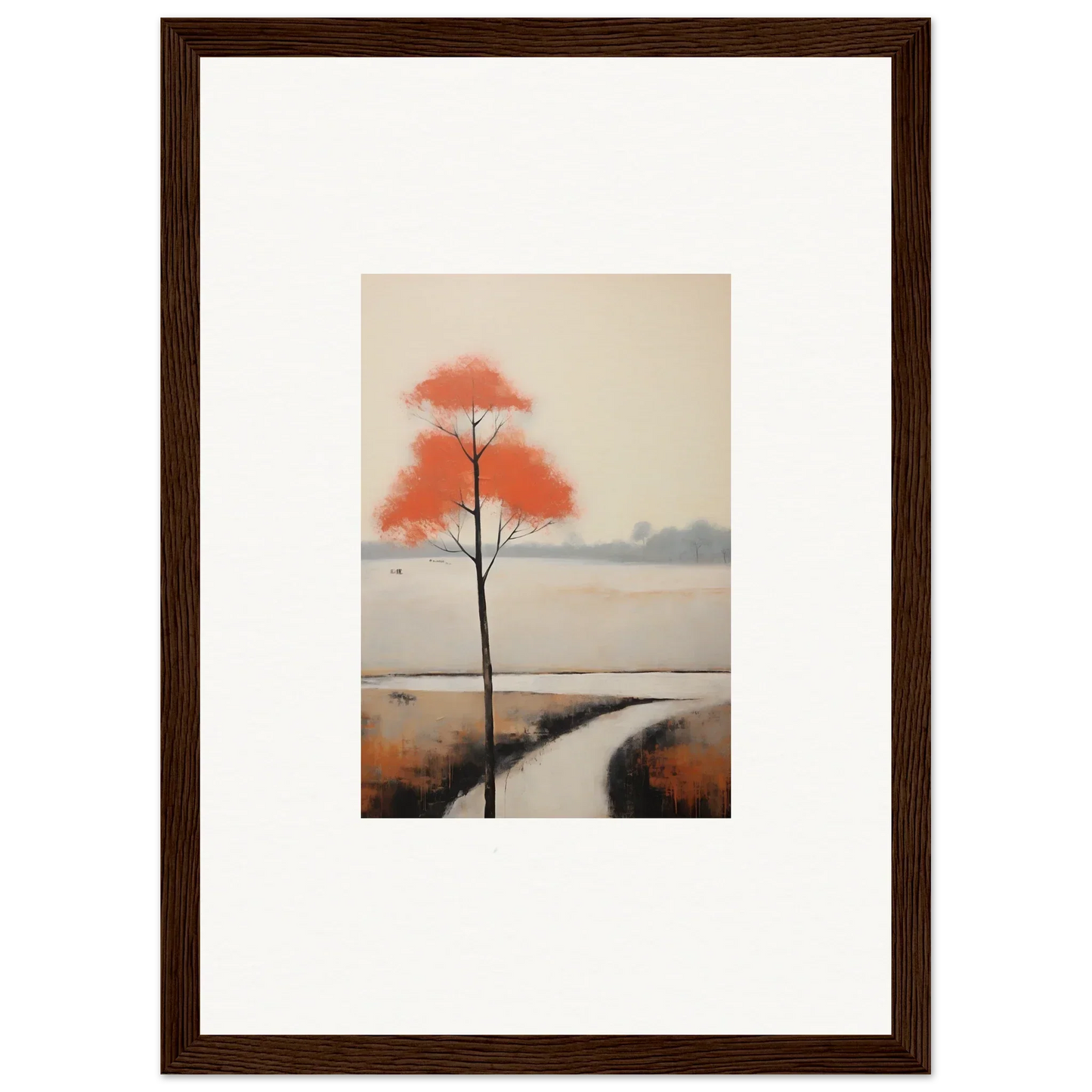 Solitary tree with red-orange leaves by a stream in Solitary Abyss Whispers