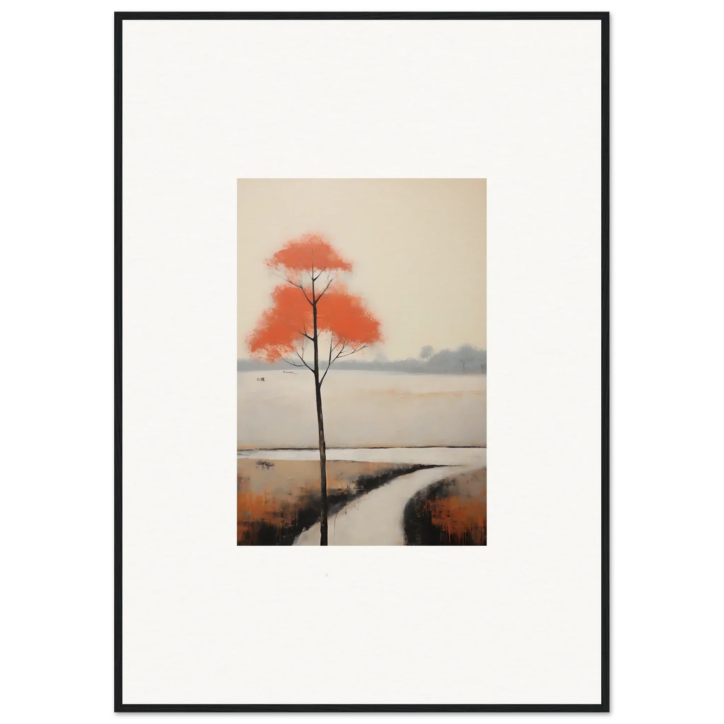 Solitary tree with red autumn leaves by a stream in Solitary Abyss Whispers