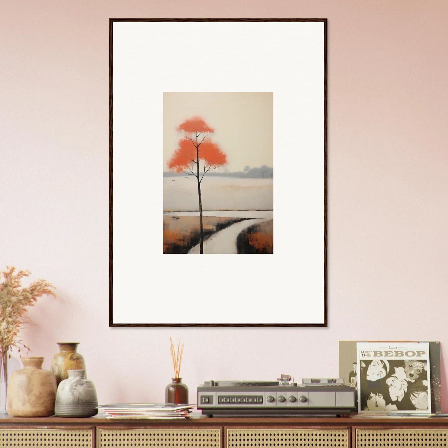 Framed art of a red-leaved tree in a misty scene from Solitary Abyss Whispers