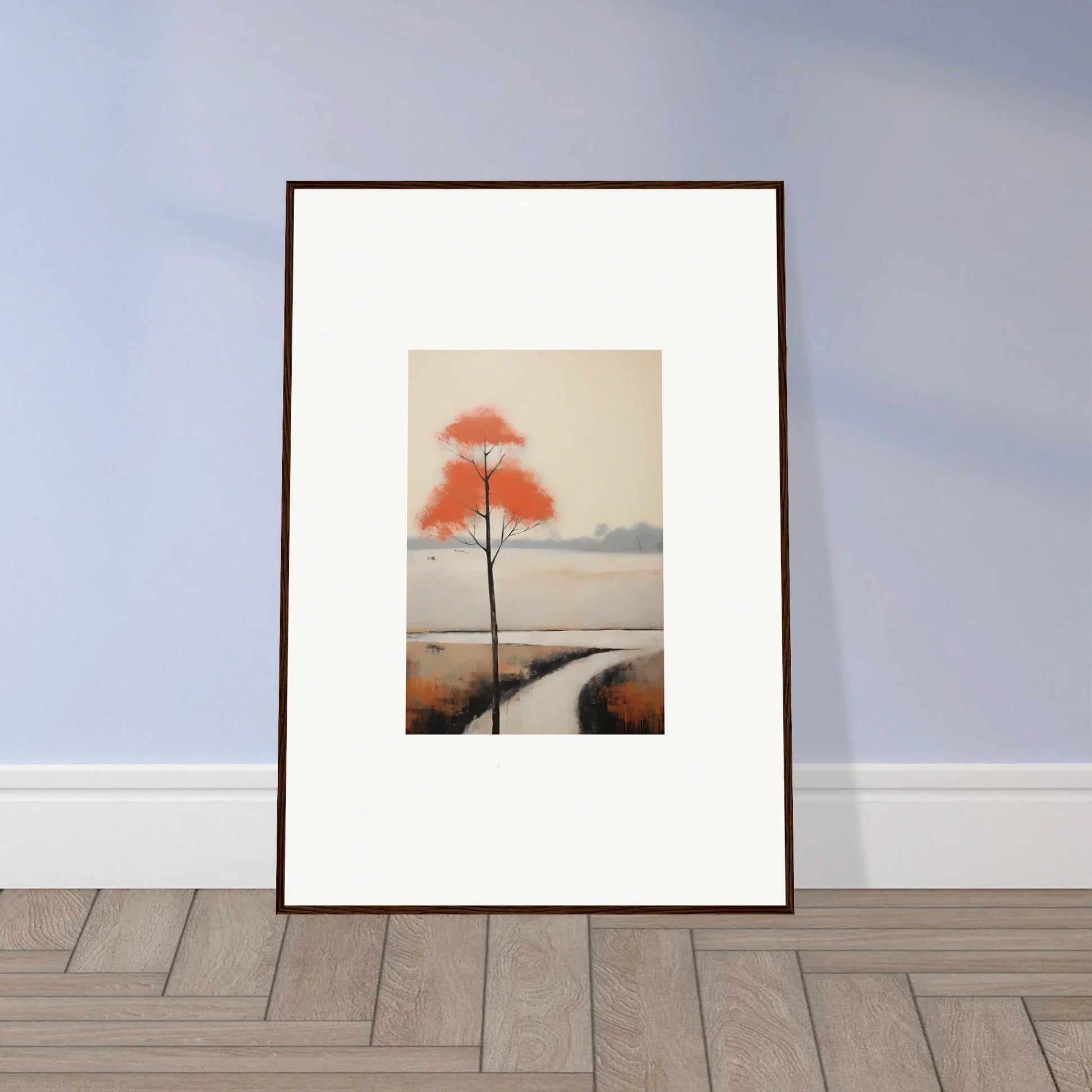 Framed artwork of a tree in orange-red foliage, perfect for Solitary Abyss Whispers