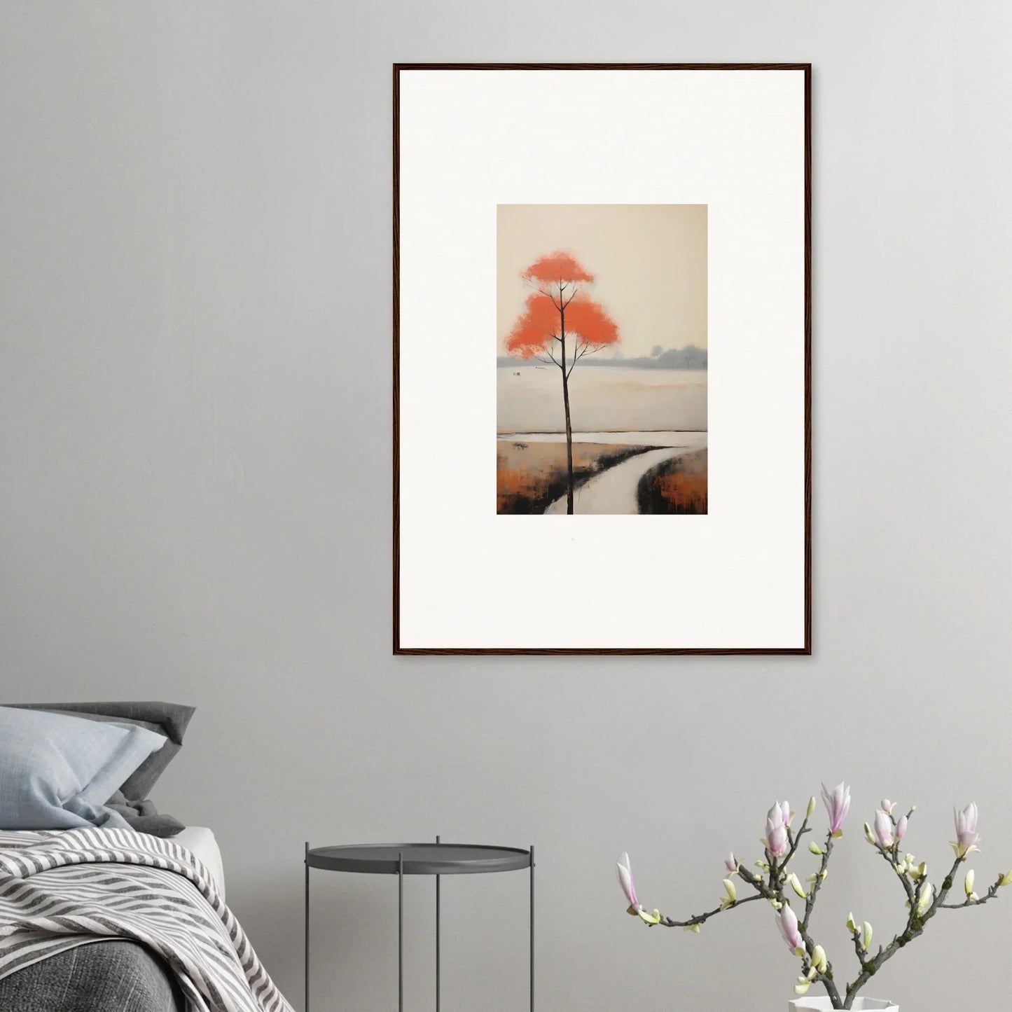 Framed watercolor of solitary tree with red-orange leaves by stream, Solitary Abyss Whispers
