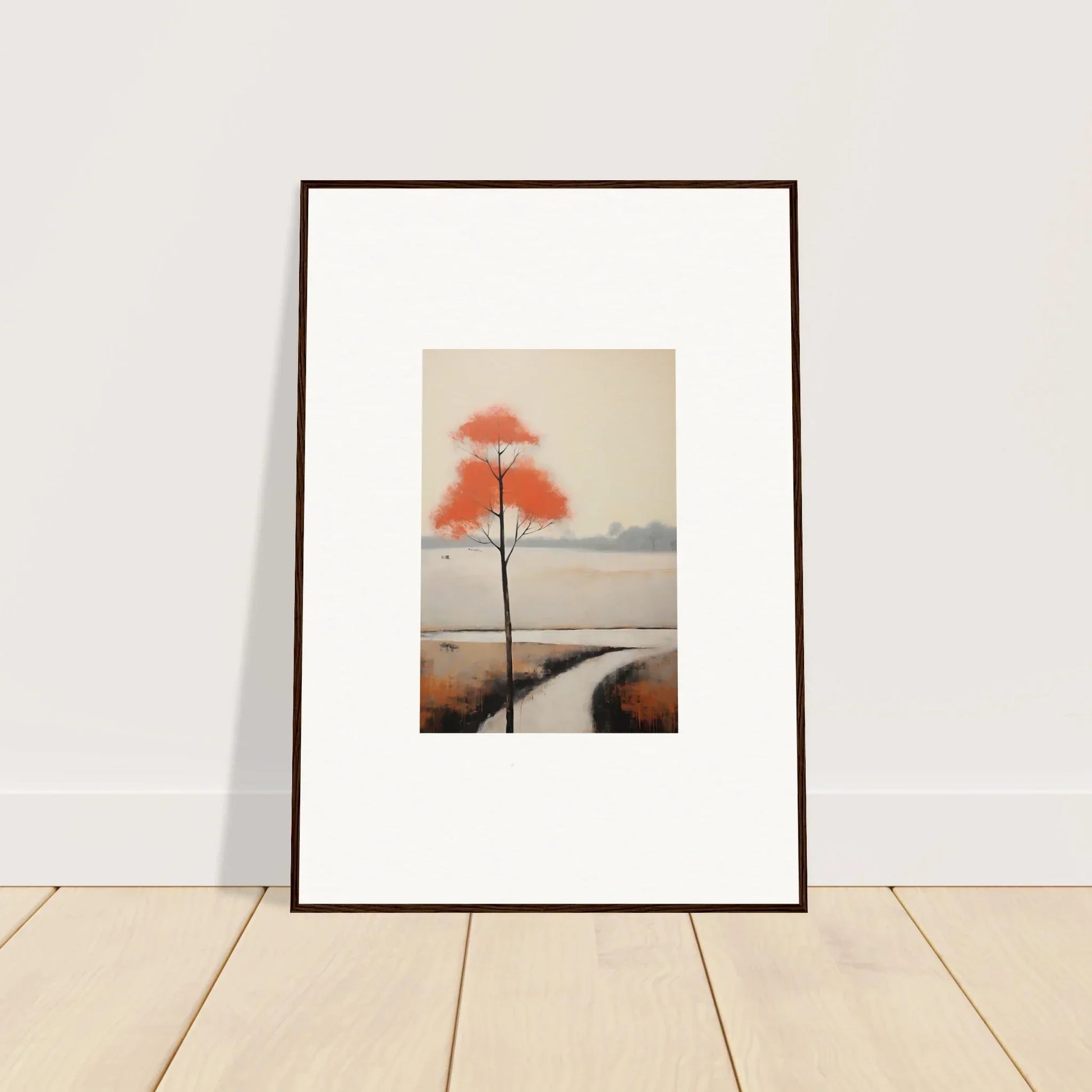 Framed art of a solitary tree in orange-red foliage for Solitary Abyss Whispers
