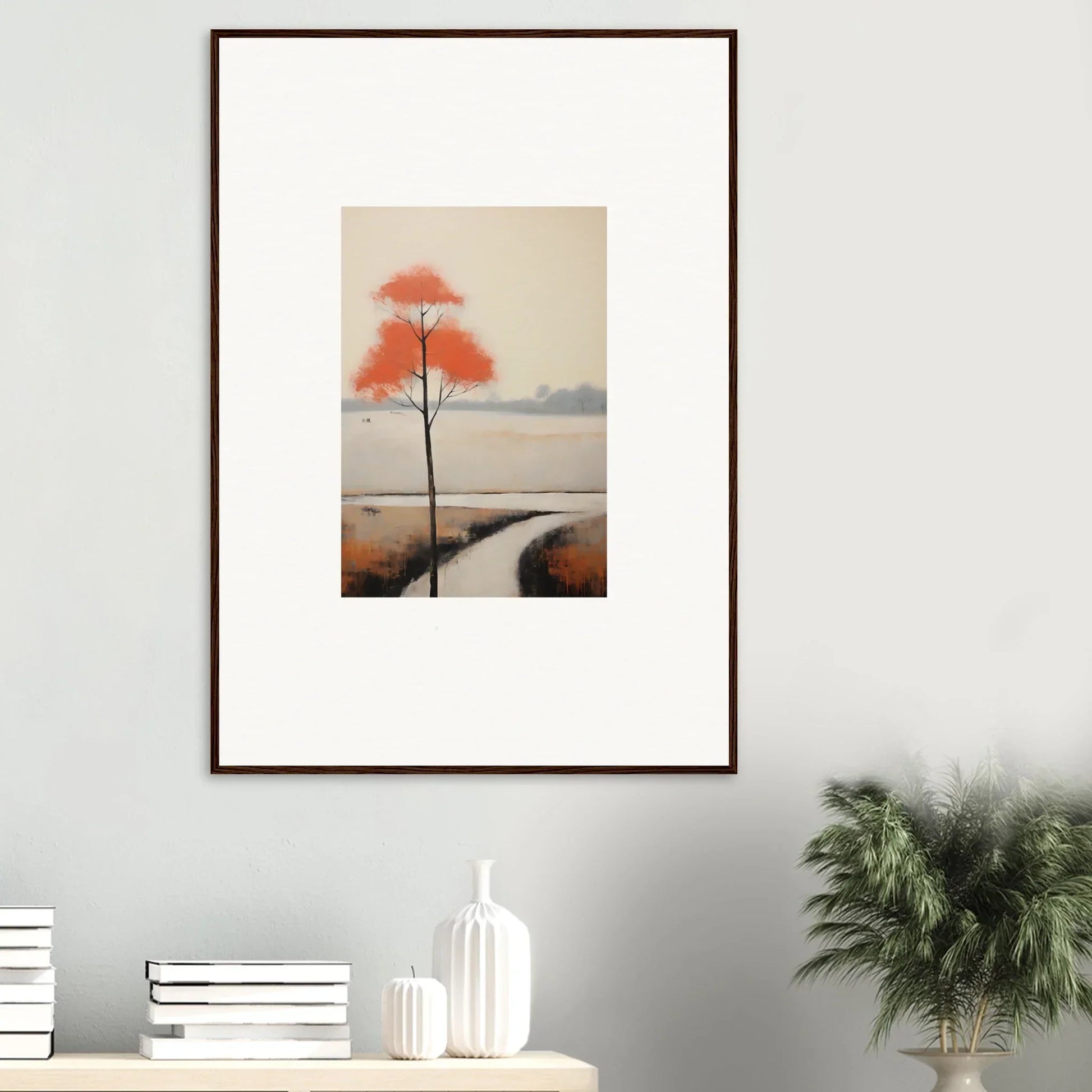 Framed Solitary Abyss Whispers artwork featuring a vibrant tree in a misty landscape