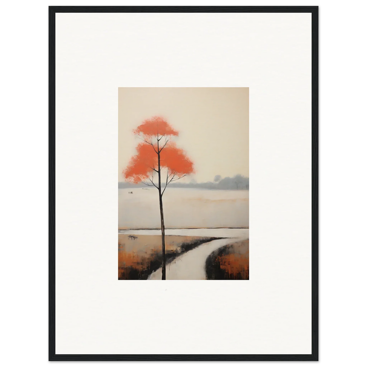 A vibrant red tree by a winding stream captures the essence of Solitary Abyss Whispers