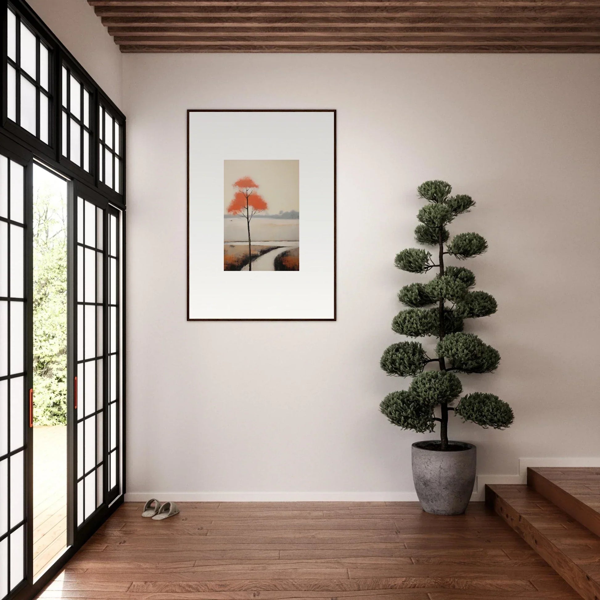 Framed artwork of a red umbrella in a minimalist landscape for Solitary Abyss Whispers
