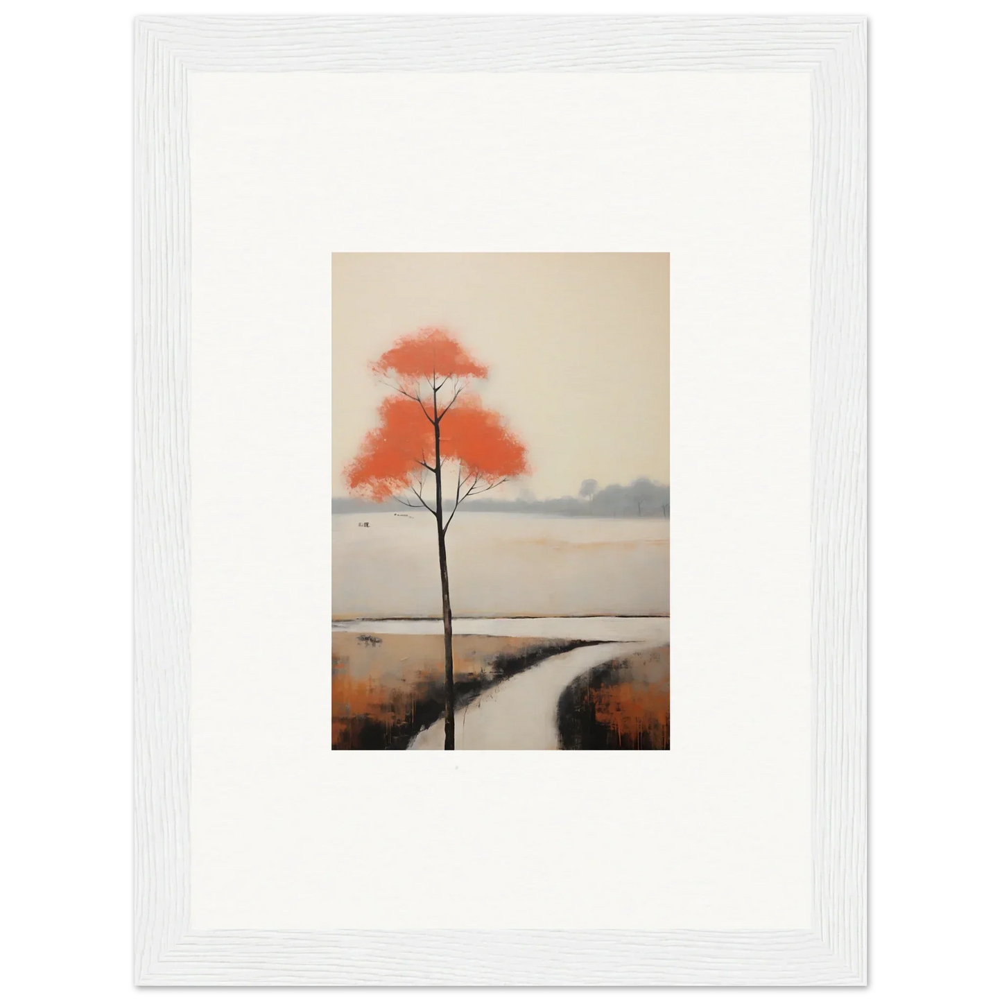 Solitary tree with red-orange foliage by a stream in Solitary Abyss Whispers