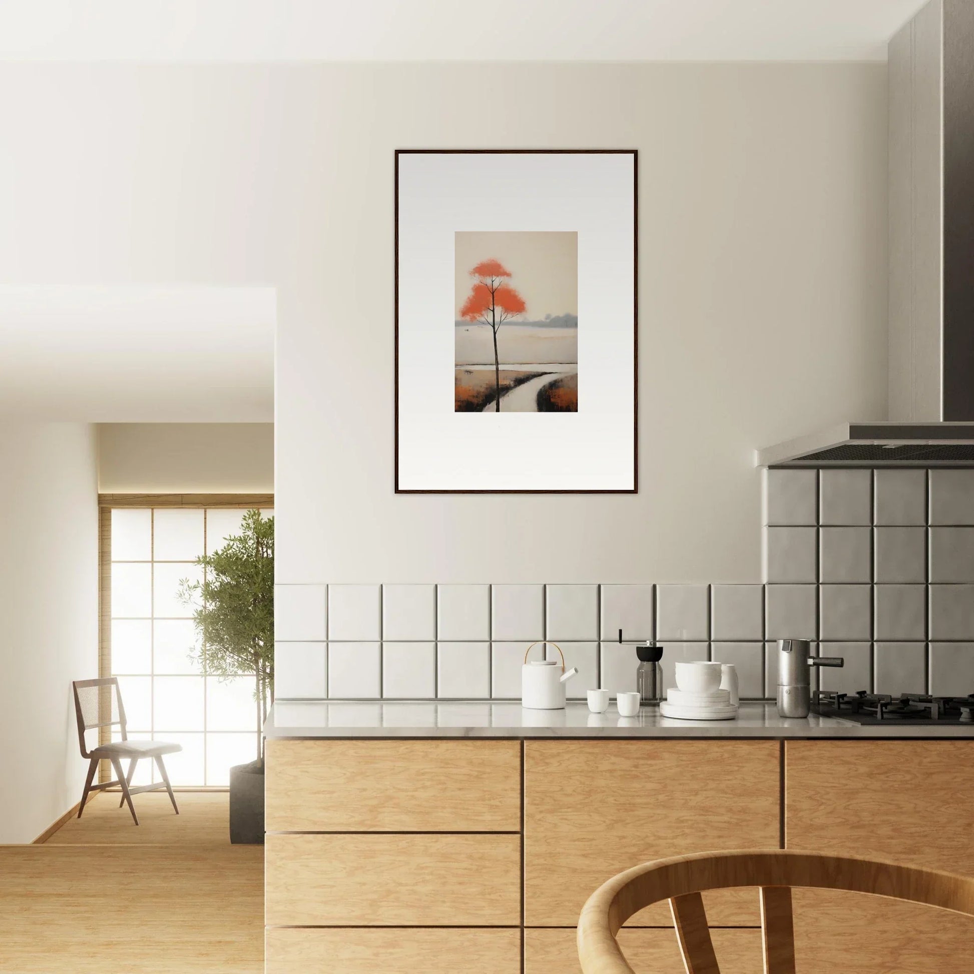 Framed artwork of an orange tree in mist for Solitary Abyss Whispers decor