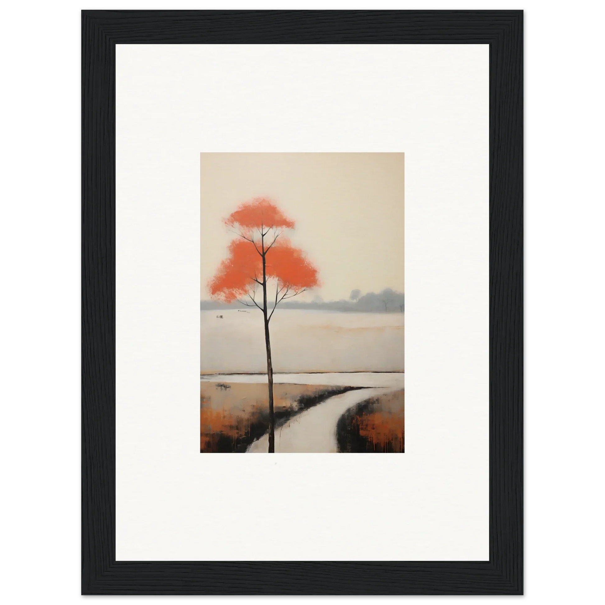 Solitary tree with red foliage by a stream for Solitary Abyss Whispers