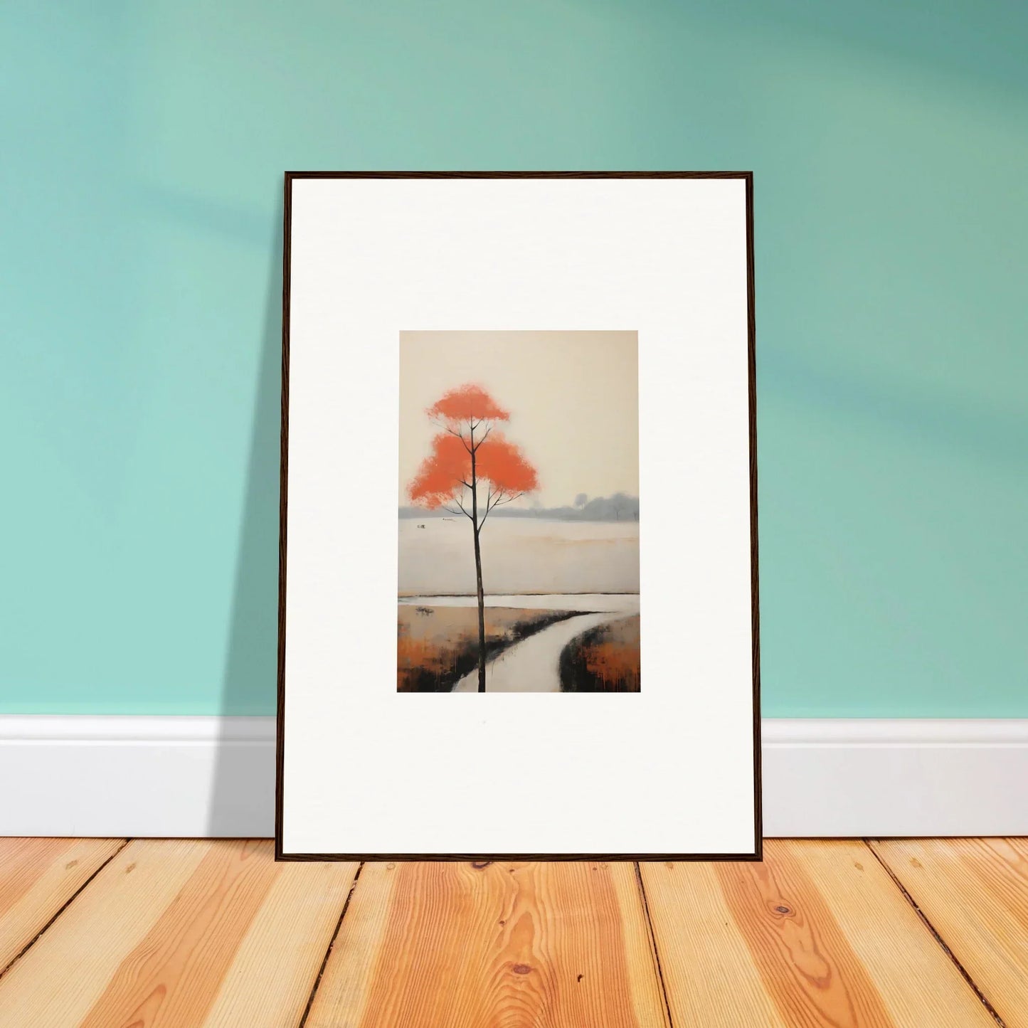 Framed artwork of a solitary tree in orange-red foliage for Solitary Abyss Whispers