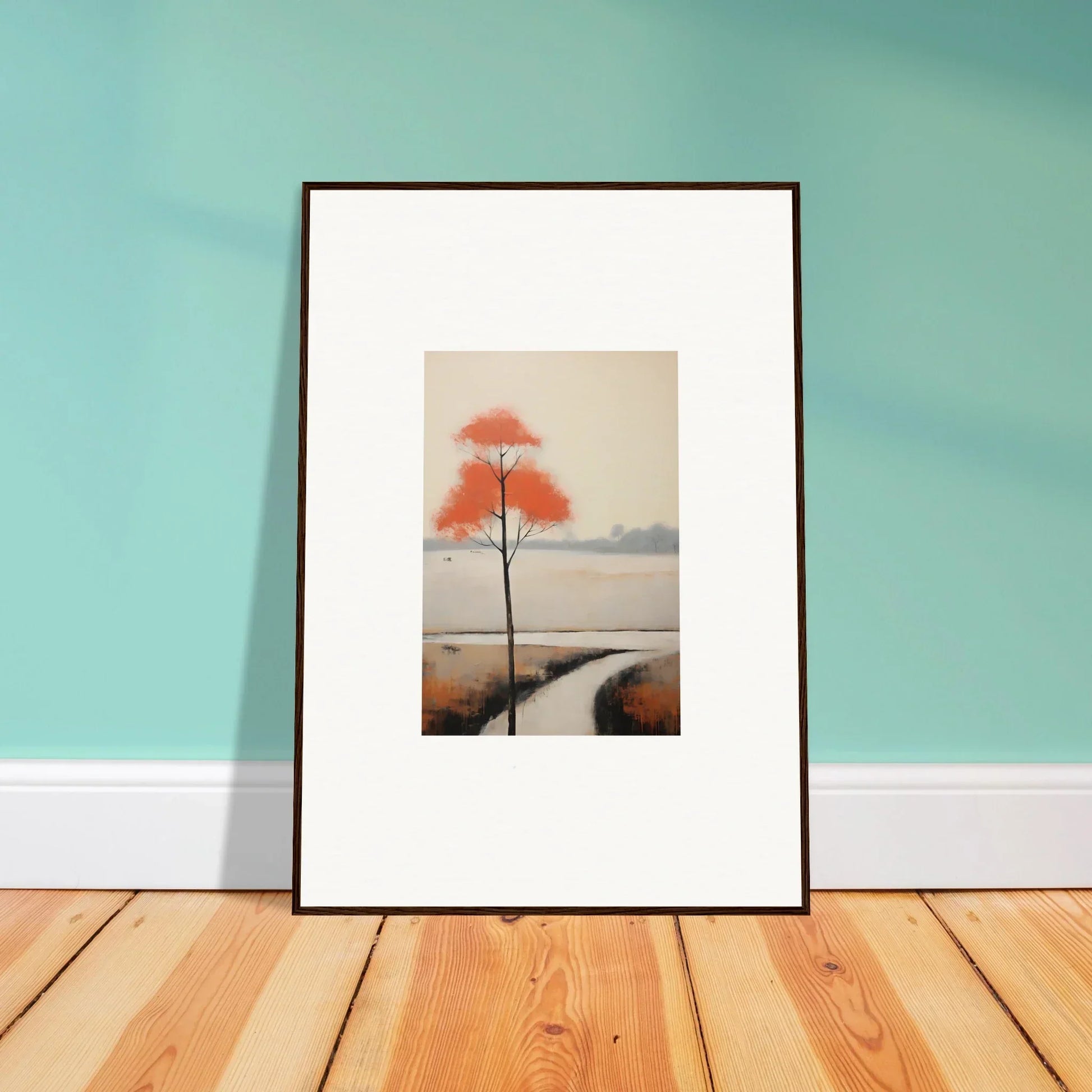 Framed artwork of a solitary tree in orange-red foliage for Solitary Abyss Whispers