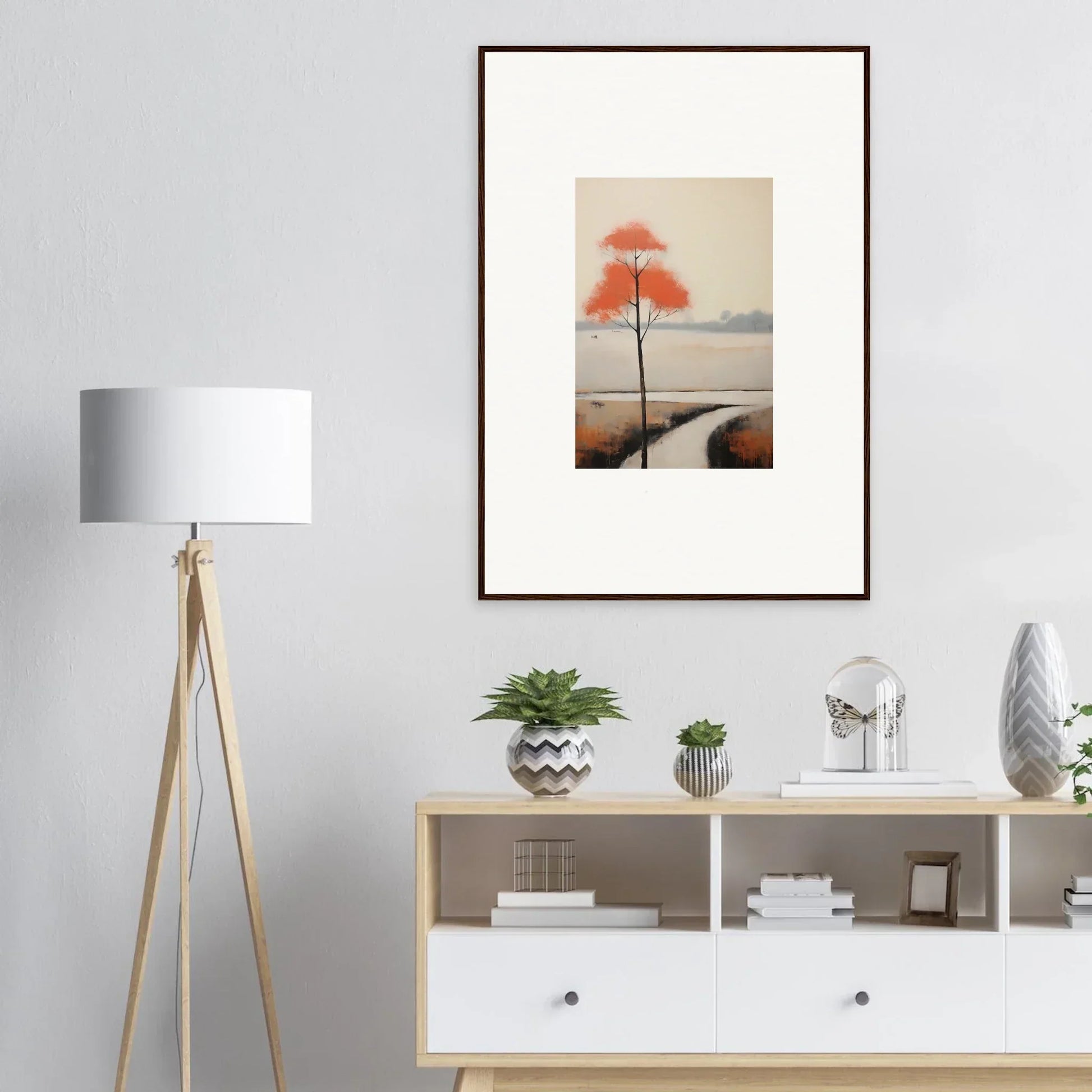 Framed watercolor of a red tree by a winding path, perfect for Solitary Abyss Whispers