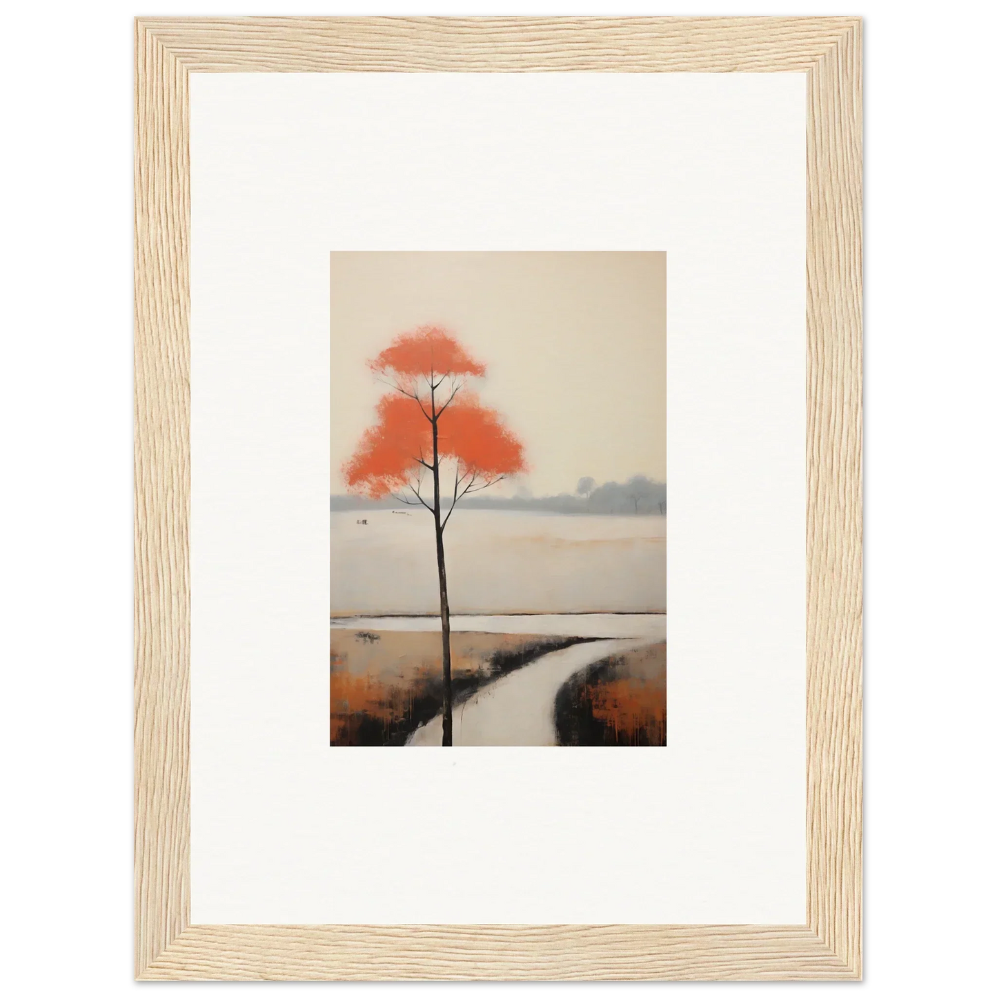 Solitary tree with red autumn leaves by a stream in Solitary Abyss Whispers