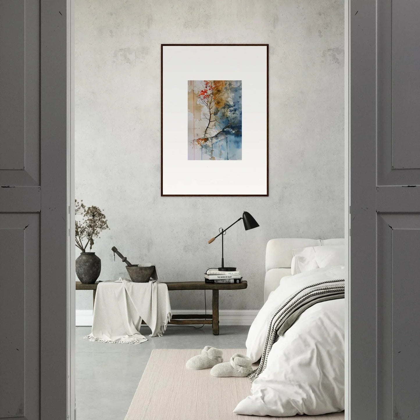 Framed abstract watercolor room decor featuring a delicate branch and colorful leaves