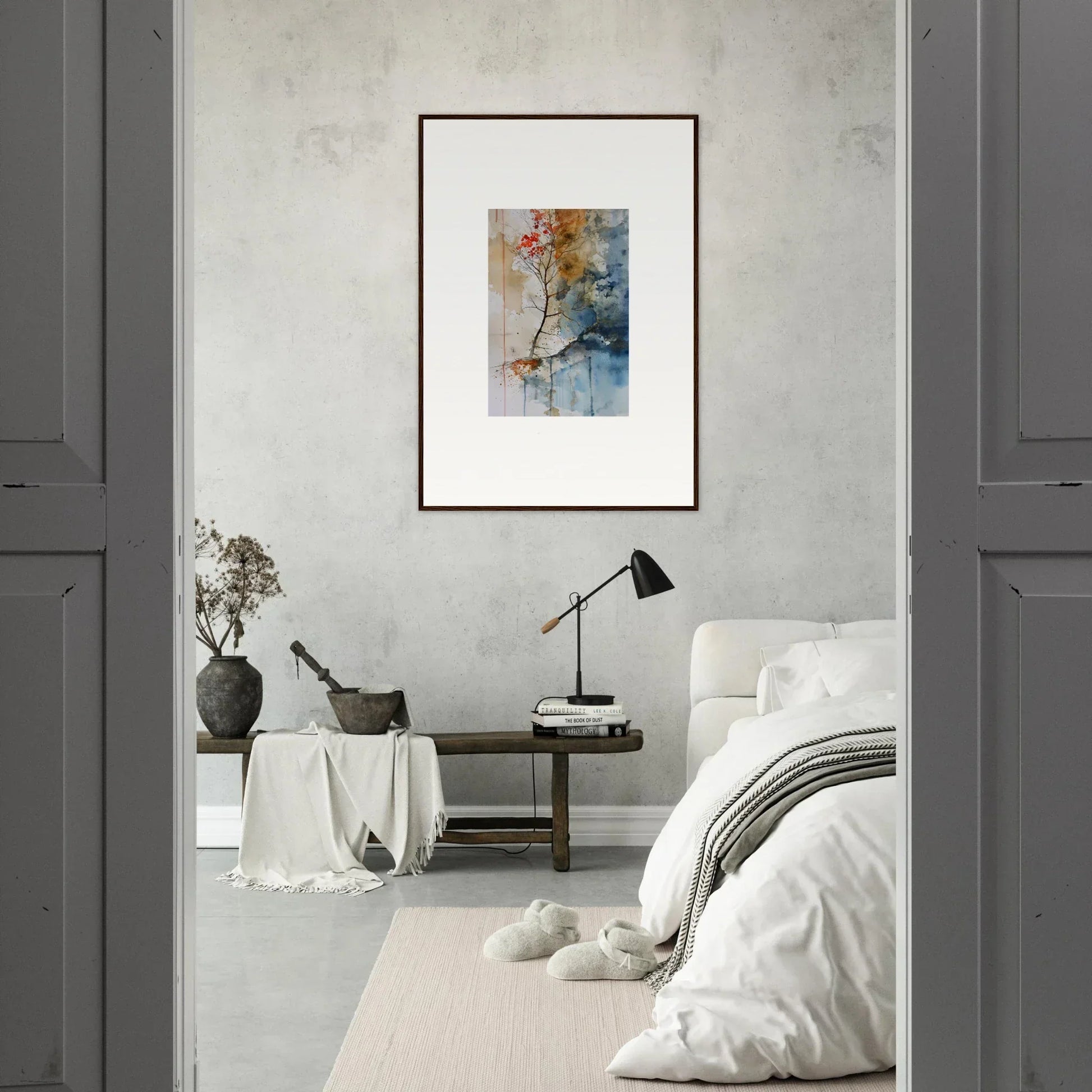 Framed abstract watercolor room decor featuring a delicate branch and colorful leaves