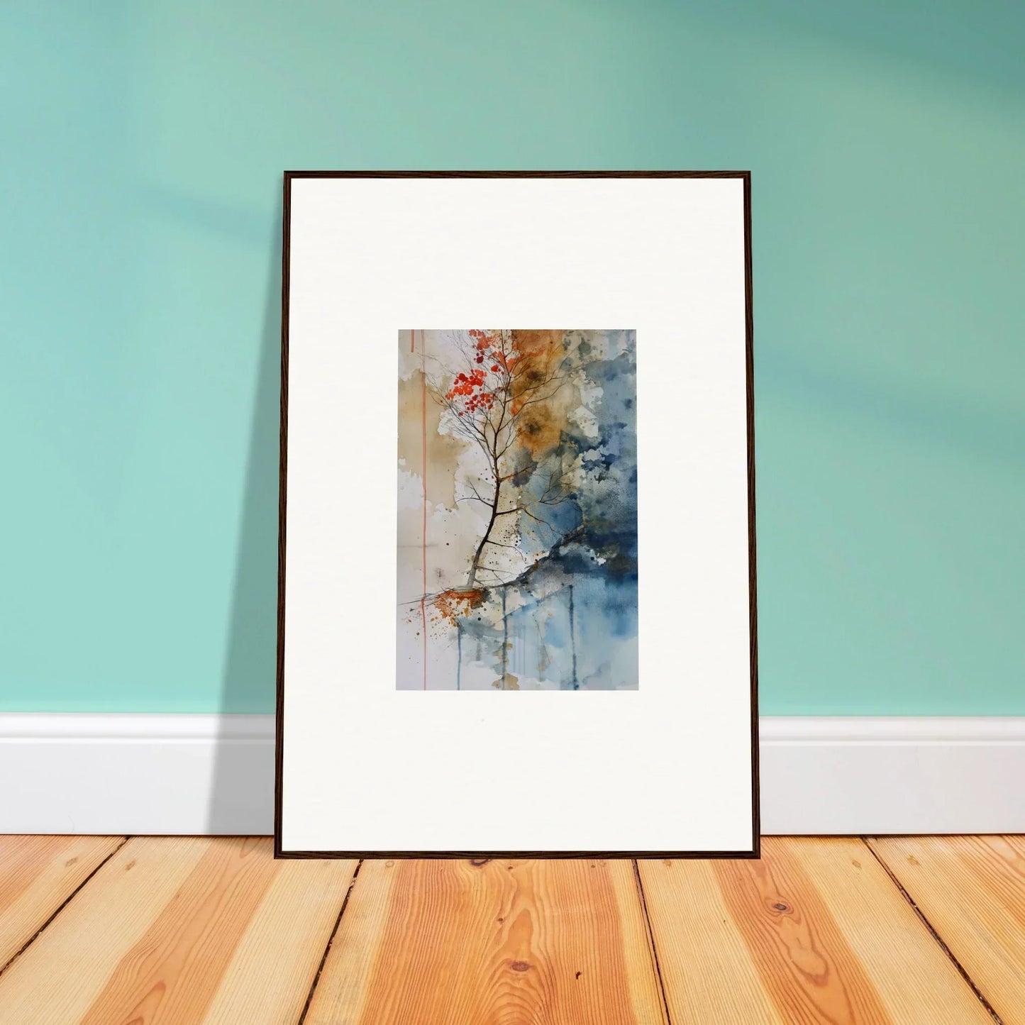 Framed watercolor wall art of a tree branch with red blossoms, perfect for room decor