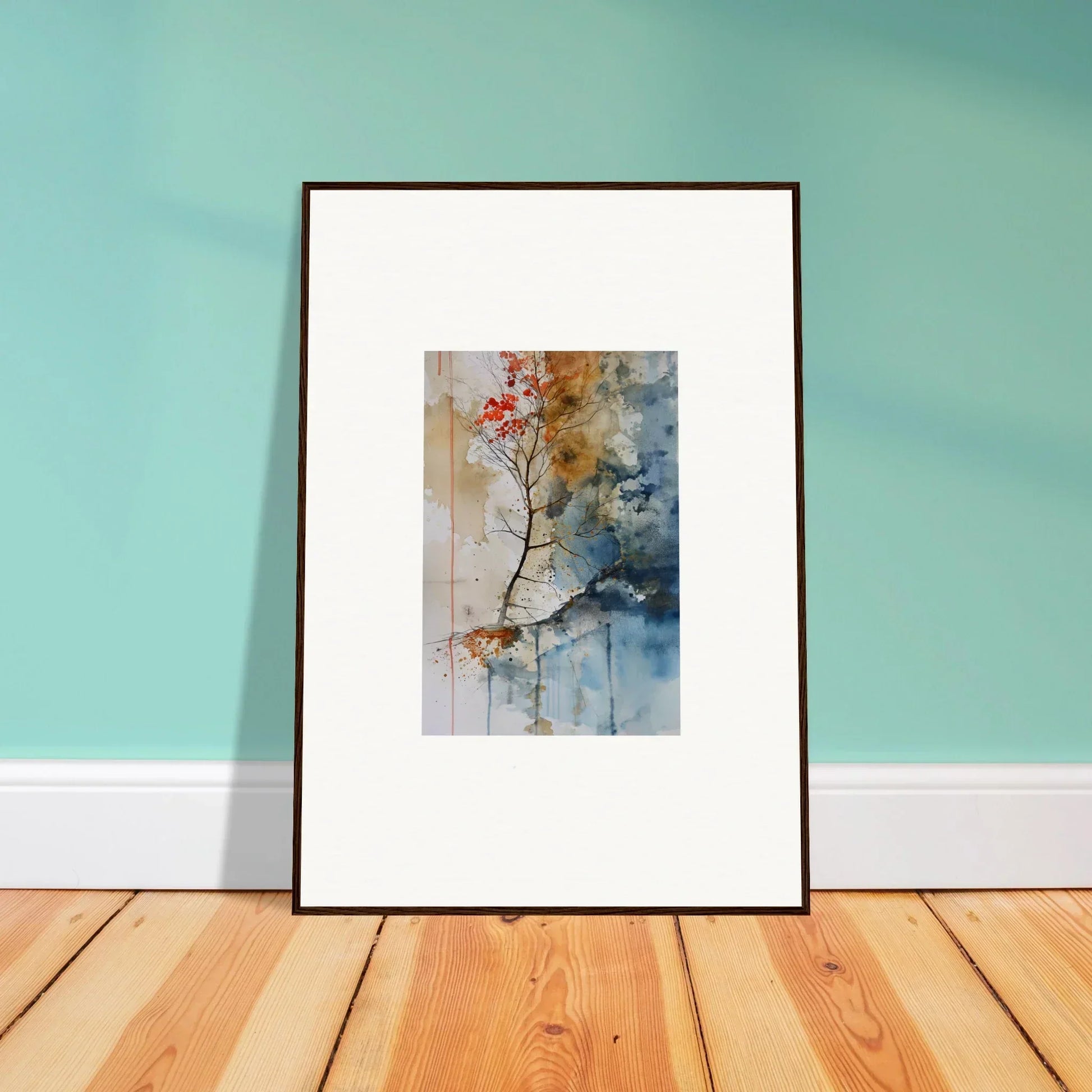 Framed watercolor wall art of a tree branch with red blossoms, perfect for room decor