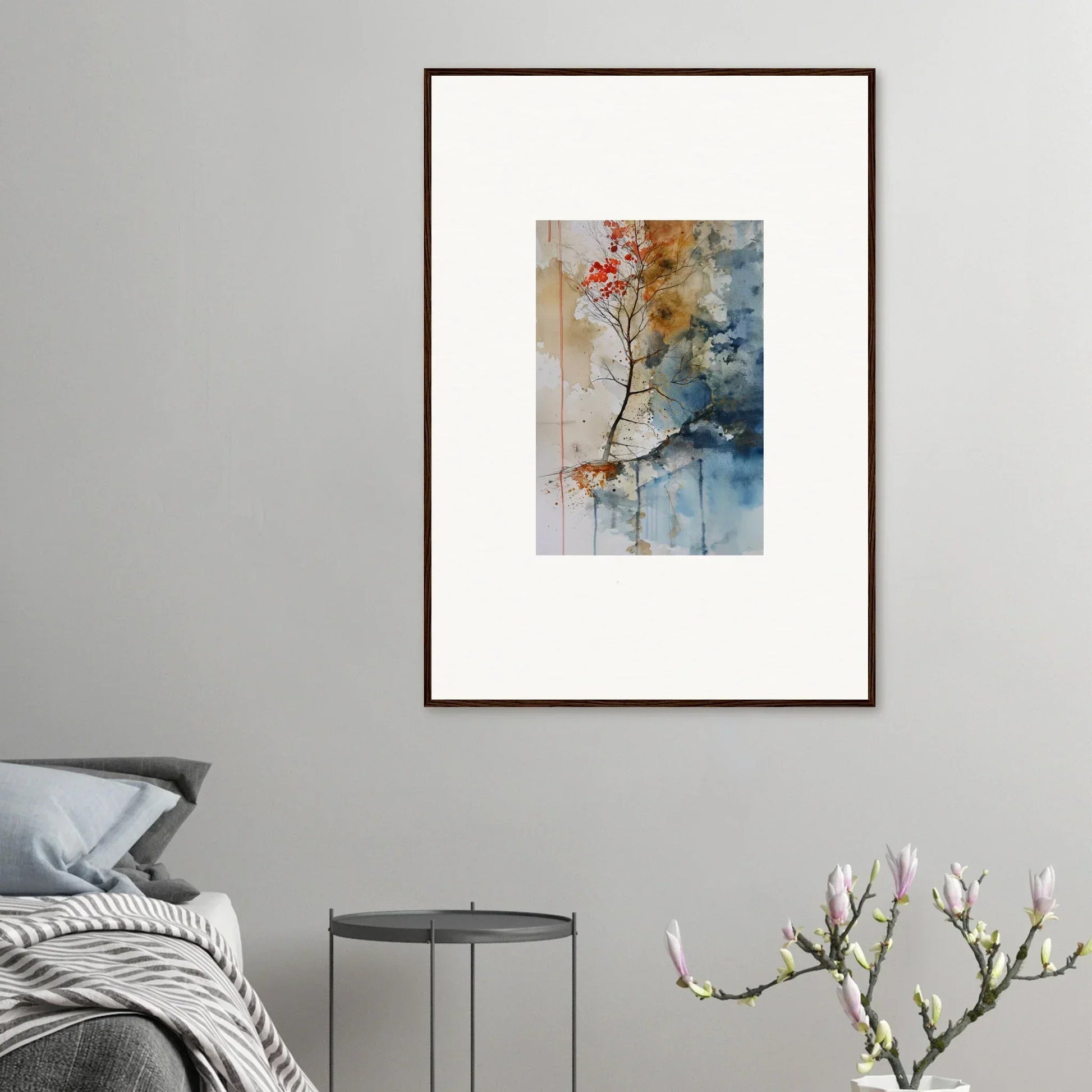 Framed watercolor tree branch painting for vibrant room decor and spectrum spoon lovers