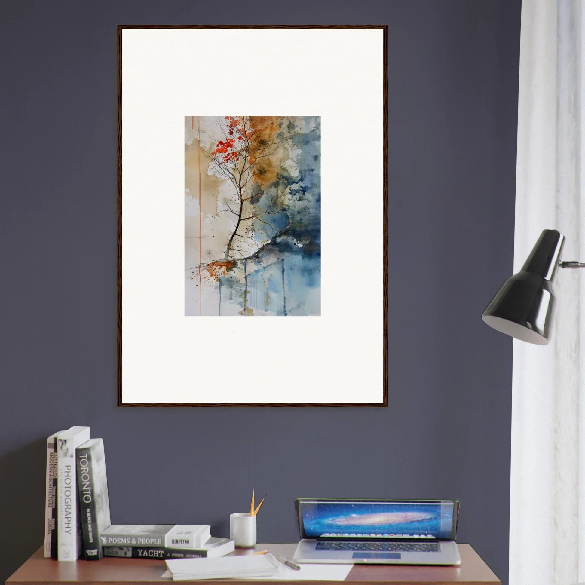 Framed watercolor painting of red berries, perfect for room decor with a Spectrum Spoon
